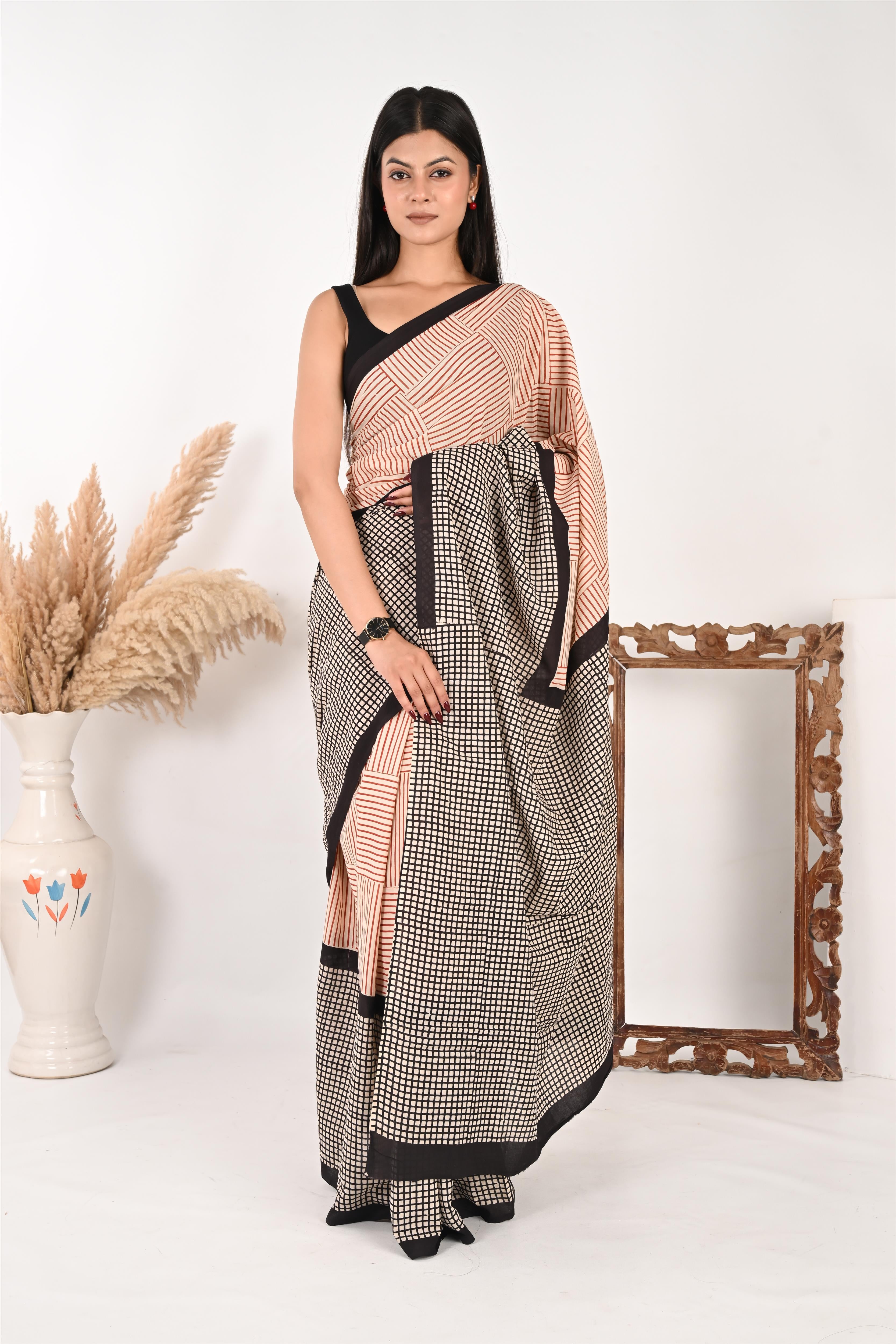 9-to-Fine - Handblock Print Natural Dyed - Mulmul Cotton Saree