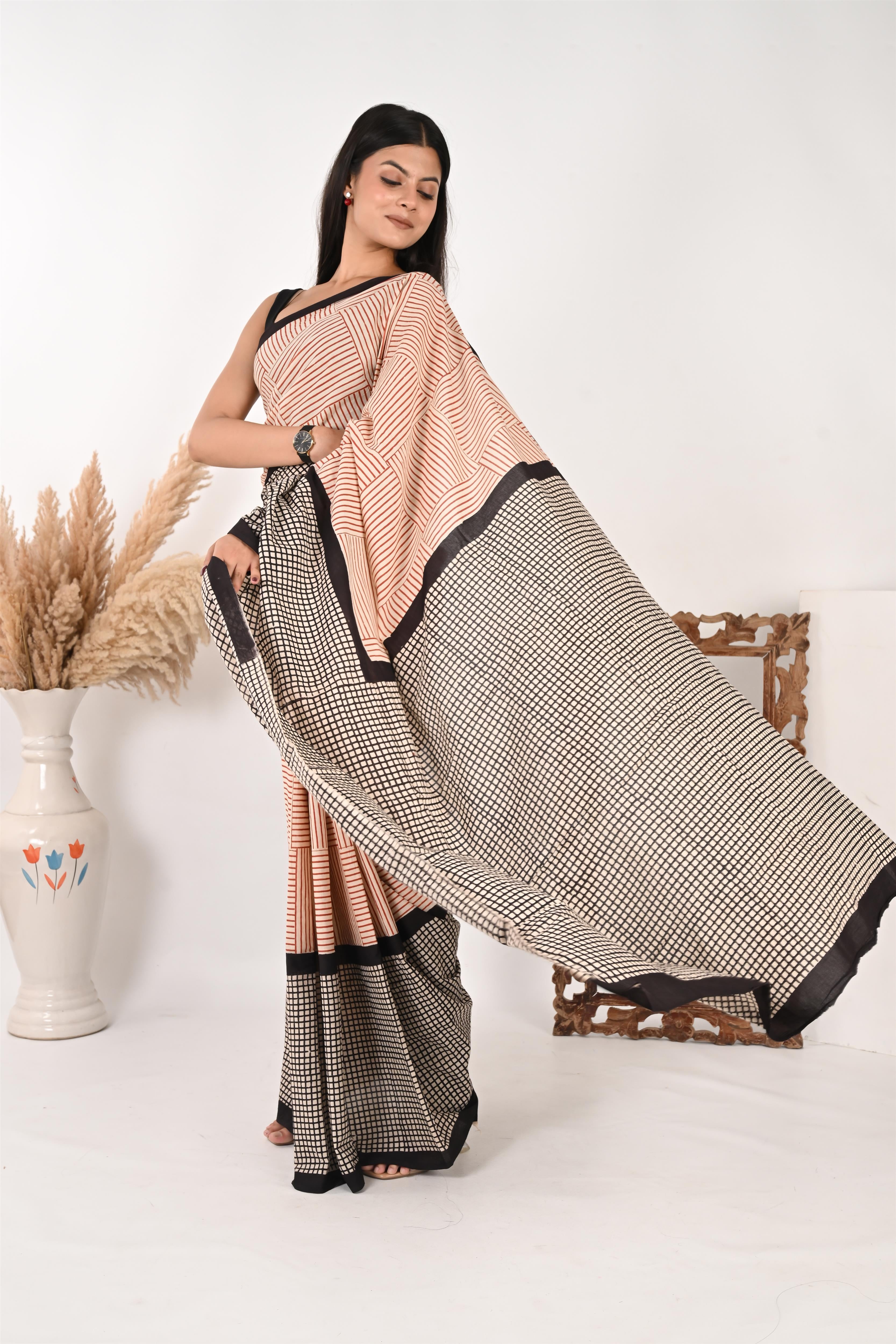 9-to-Fine - Handblock Print Natural Dyed - Mulmul Cotton Saree