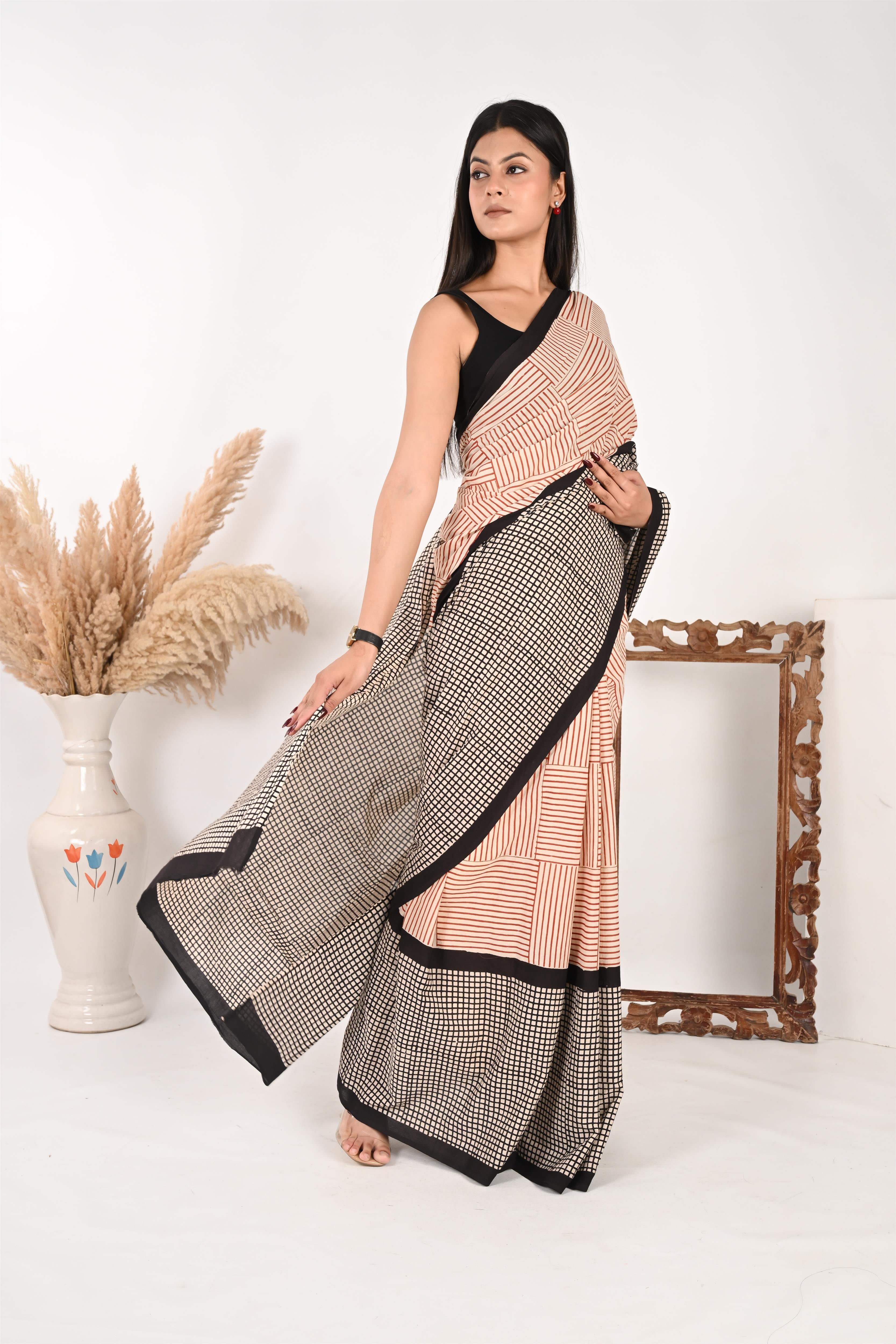 9-to-Fine - Handblock Print Natural Dyed - Mulmul Cotton Saree