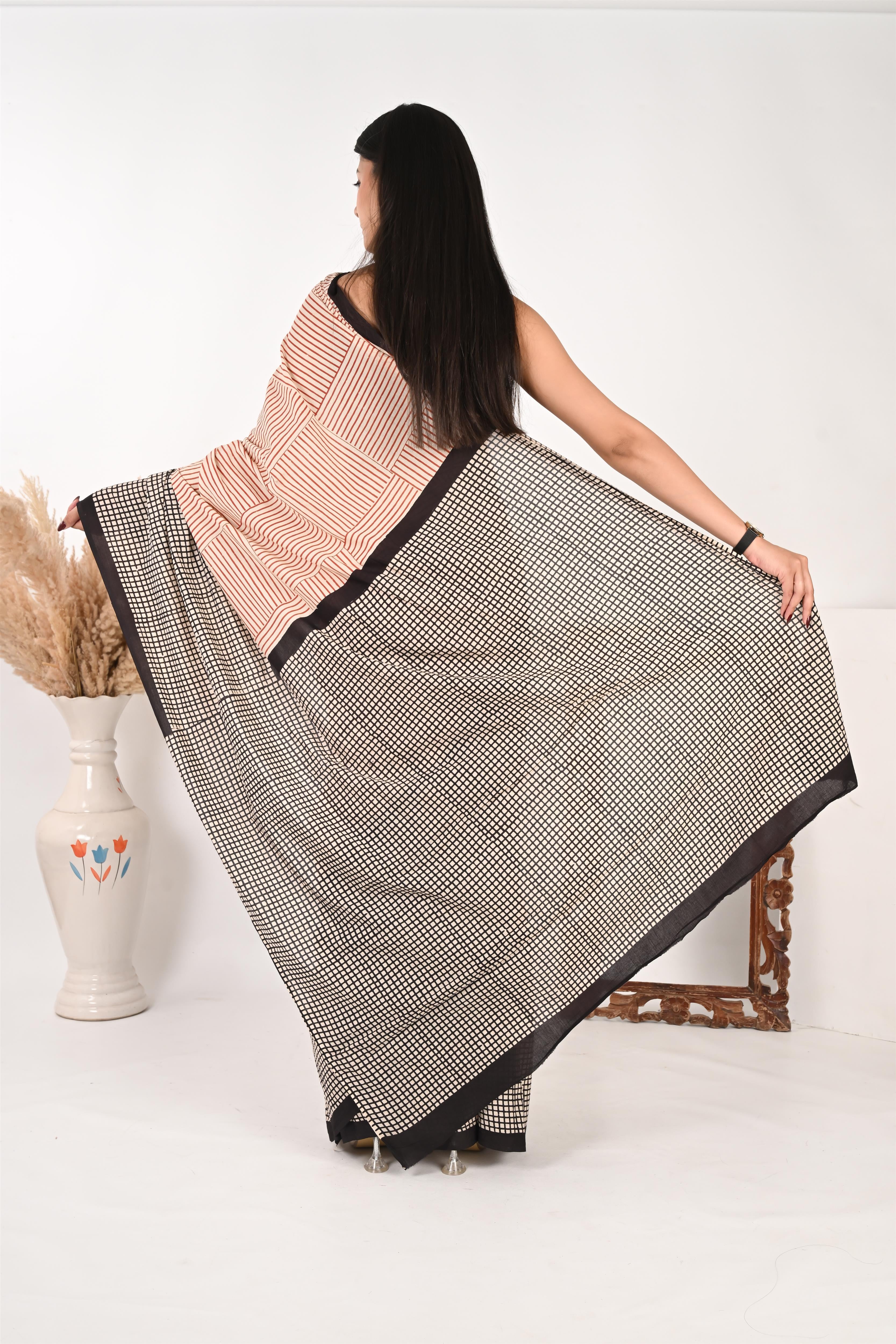 9-to-Fine - Handblock Print Natural Dyed - Mulmul Cotton Saree