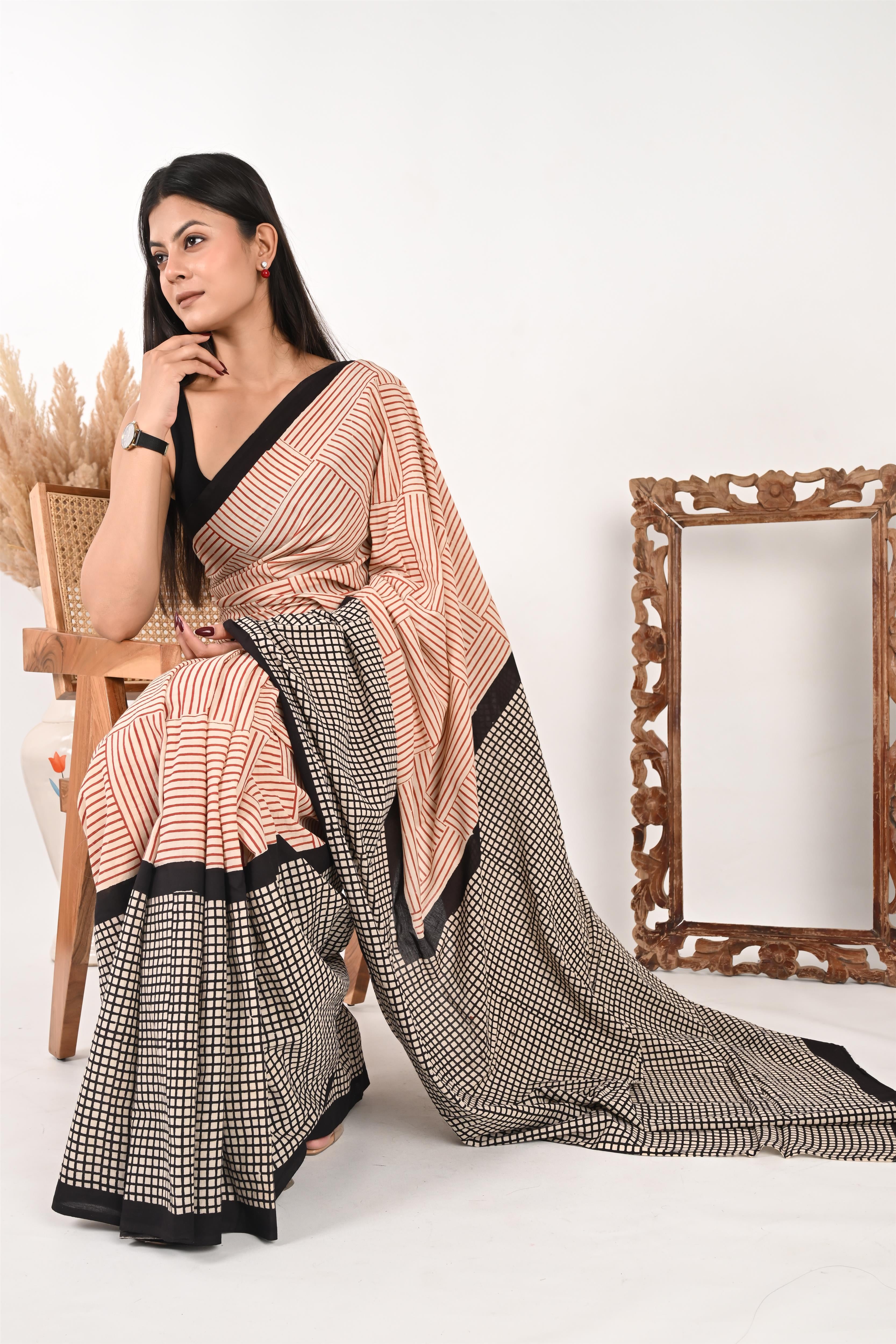 9-to-Fine - Handblock Print Natural Dyed - Mulmul Cotton Saree