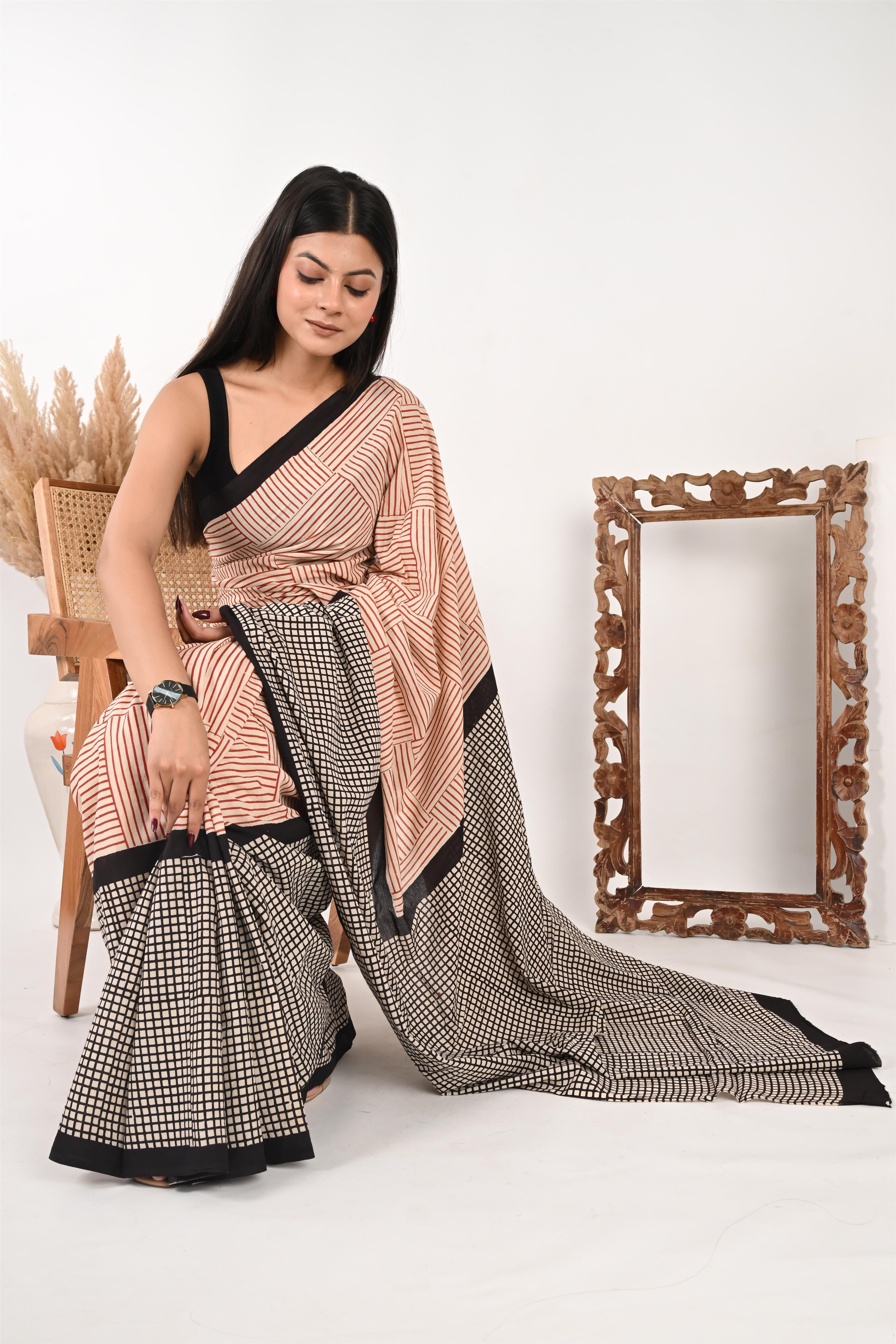 9-to-Fine - Handblock Print Natural Dyed - Mulmul Cotton Saree