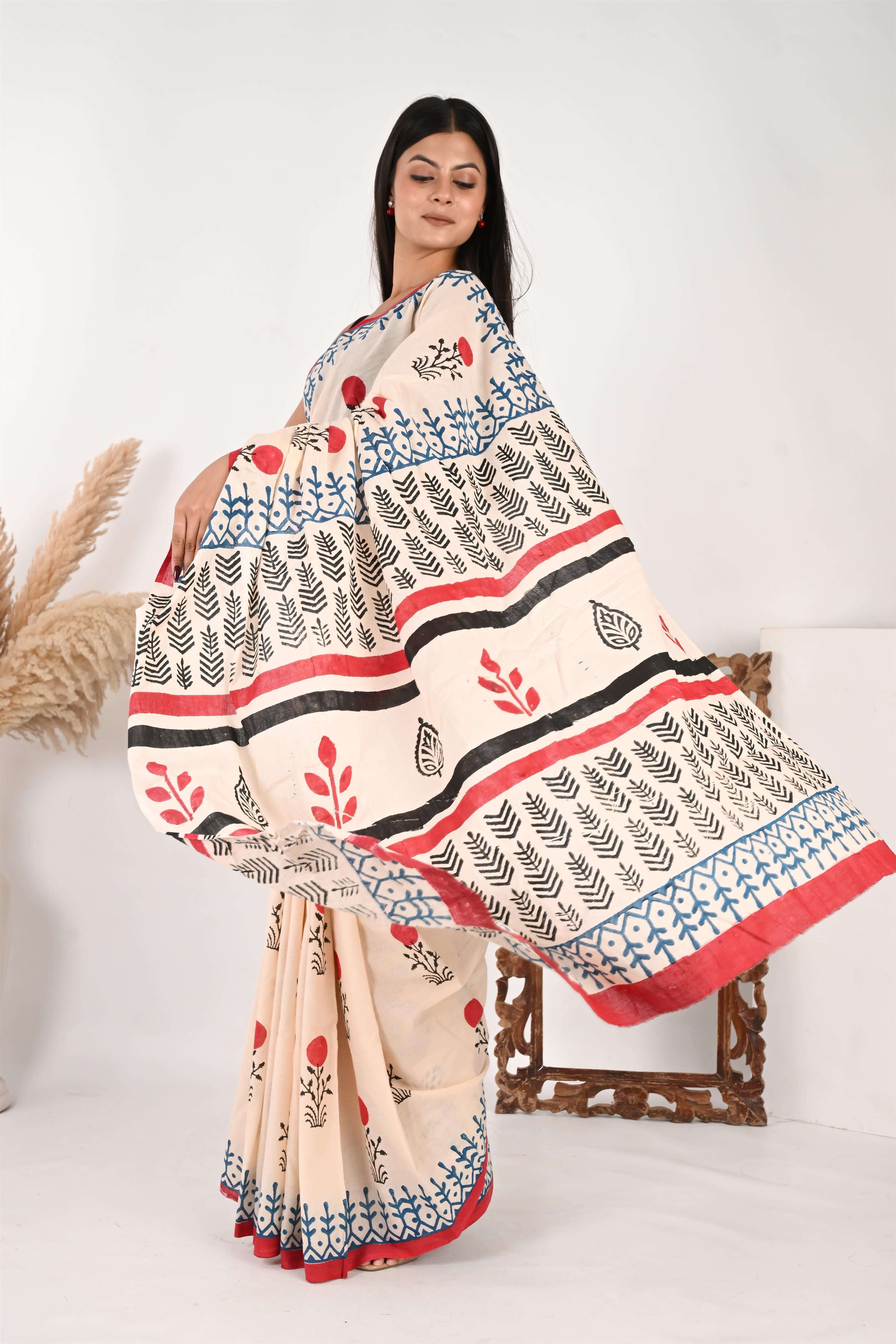 Cherry on Top – Handblock Print Mulmul Cotton Saree