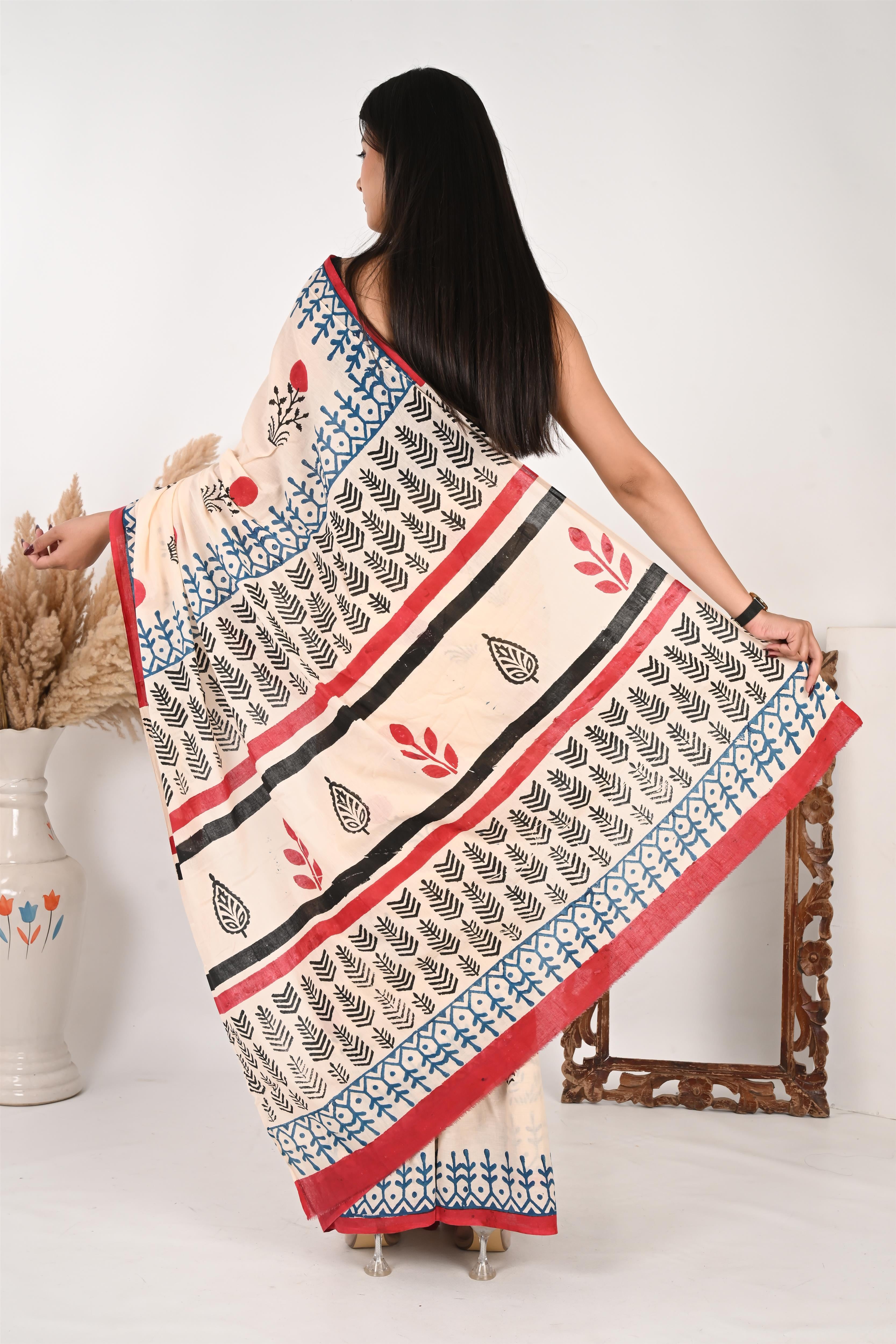 Cherry on Top – Handblock Print Mulmul Cotton Saree