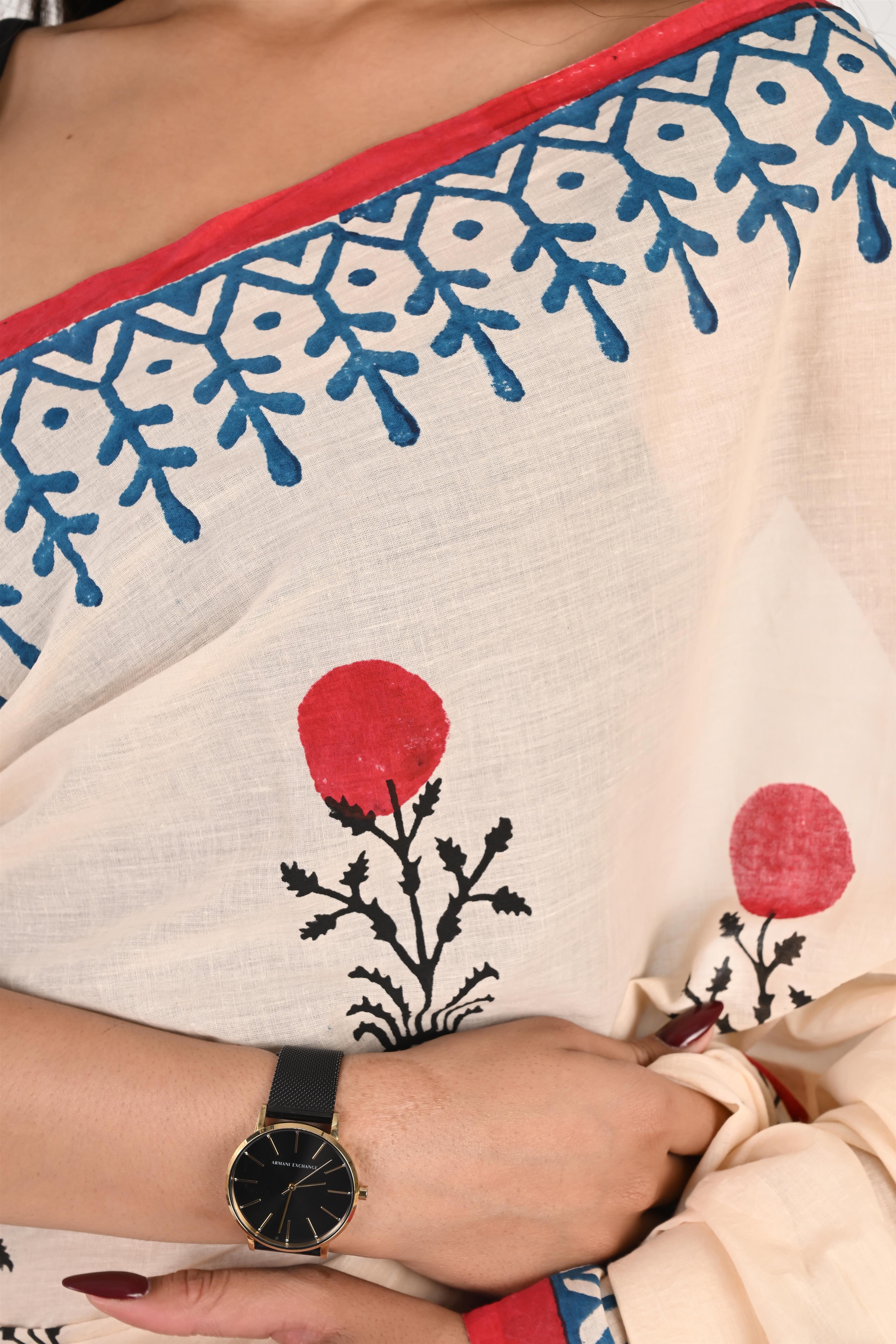 Cherry on Top – Handblock Print Mulmul Cotton Saree