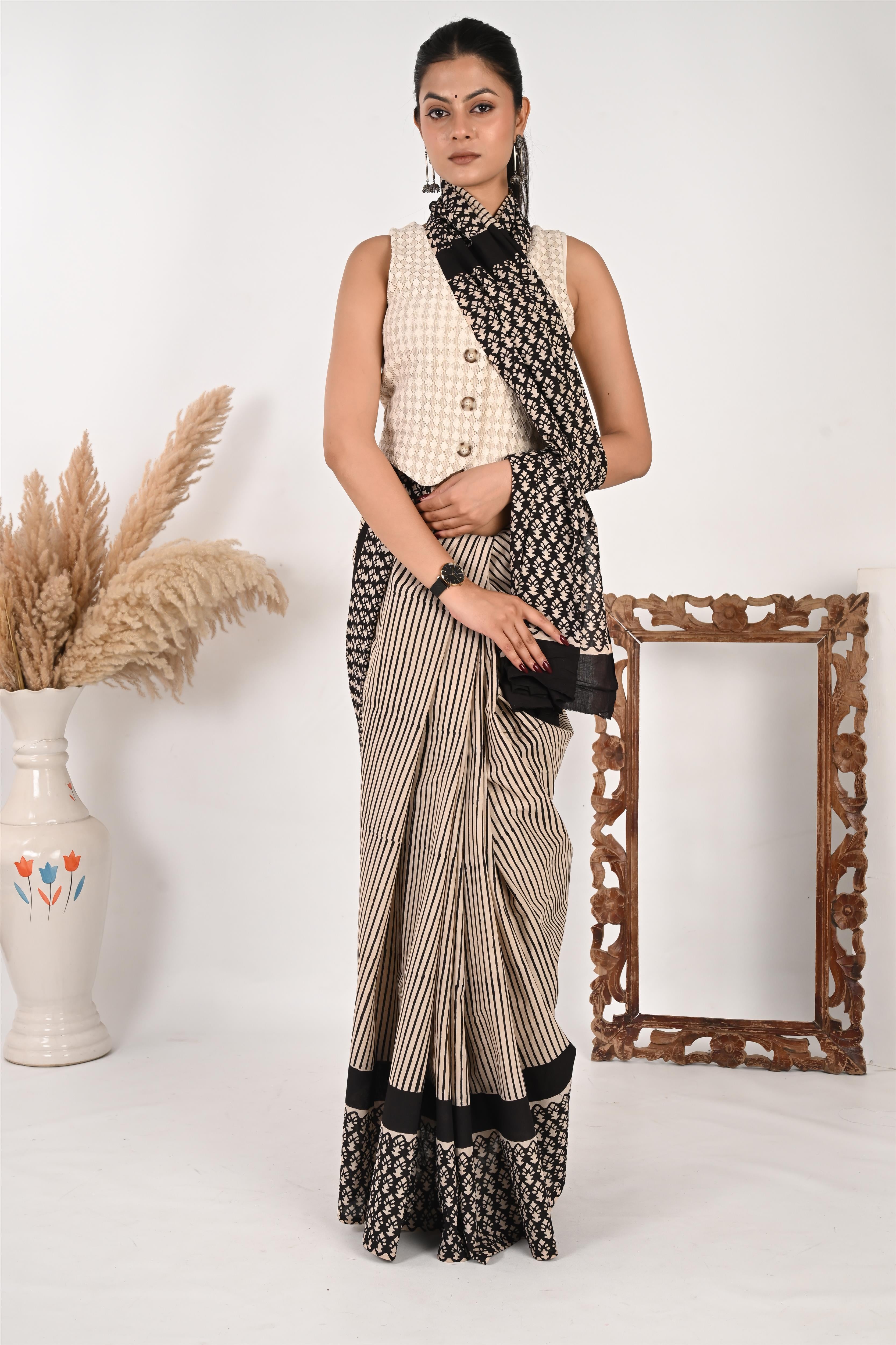 Boardroom Game - Handblock Print Natural Dyed - Mulmul Cotton Saree