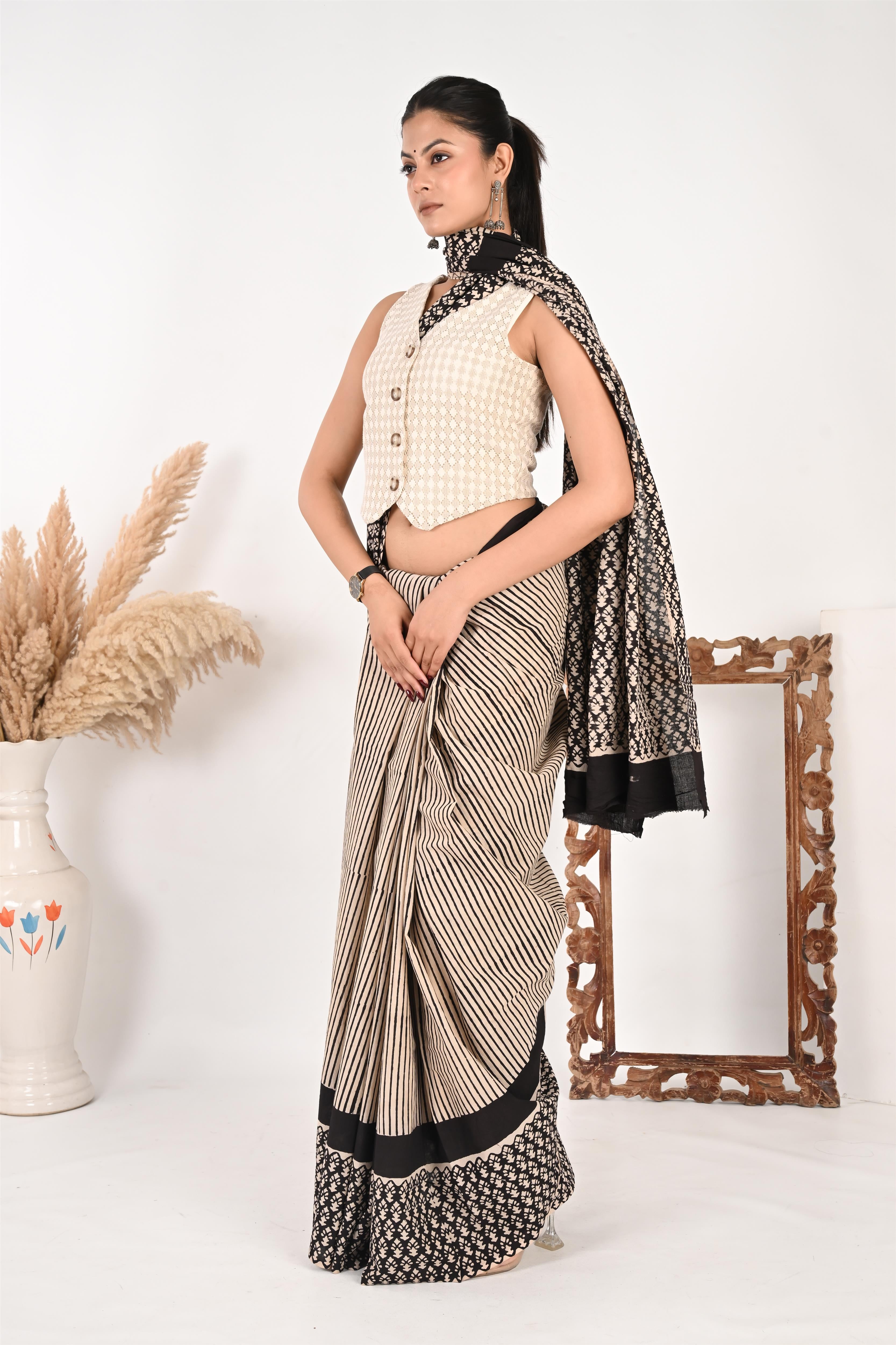 Boardroom Game - Handblock Print Natural Dyed - Mulmul Cotton Saree