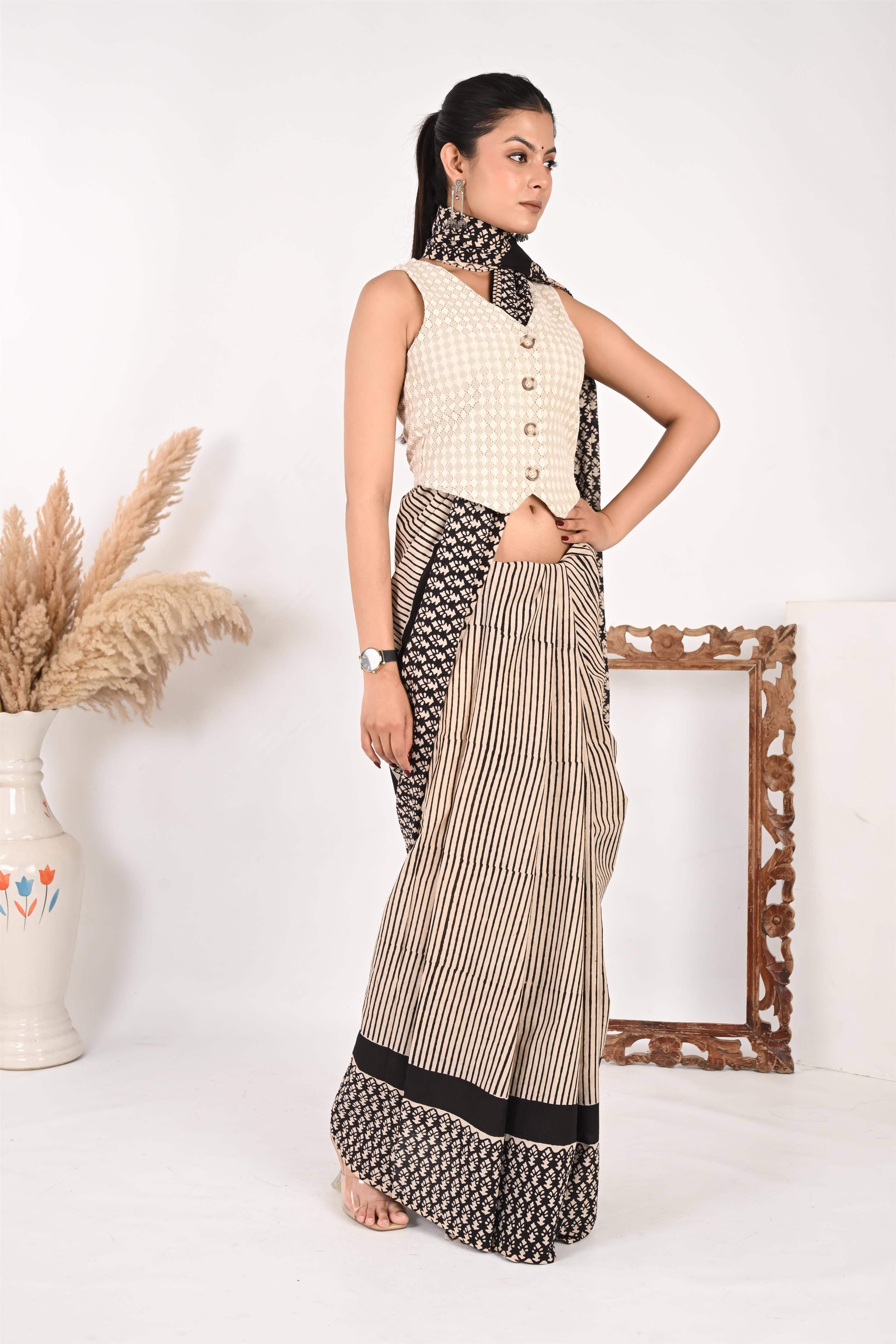 Boardroom Game - Handblock Print Natural Dyed - Mulmul Cotton Saree