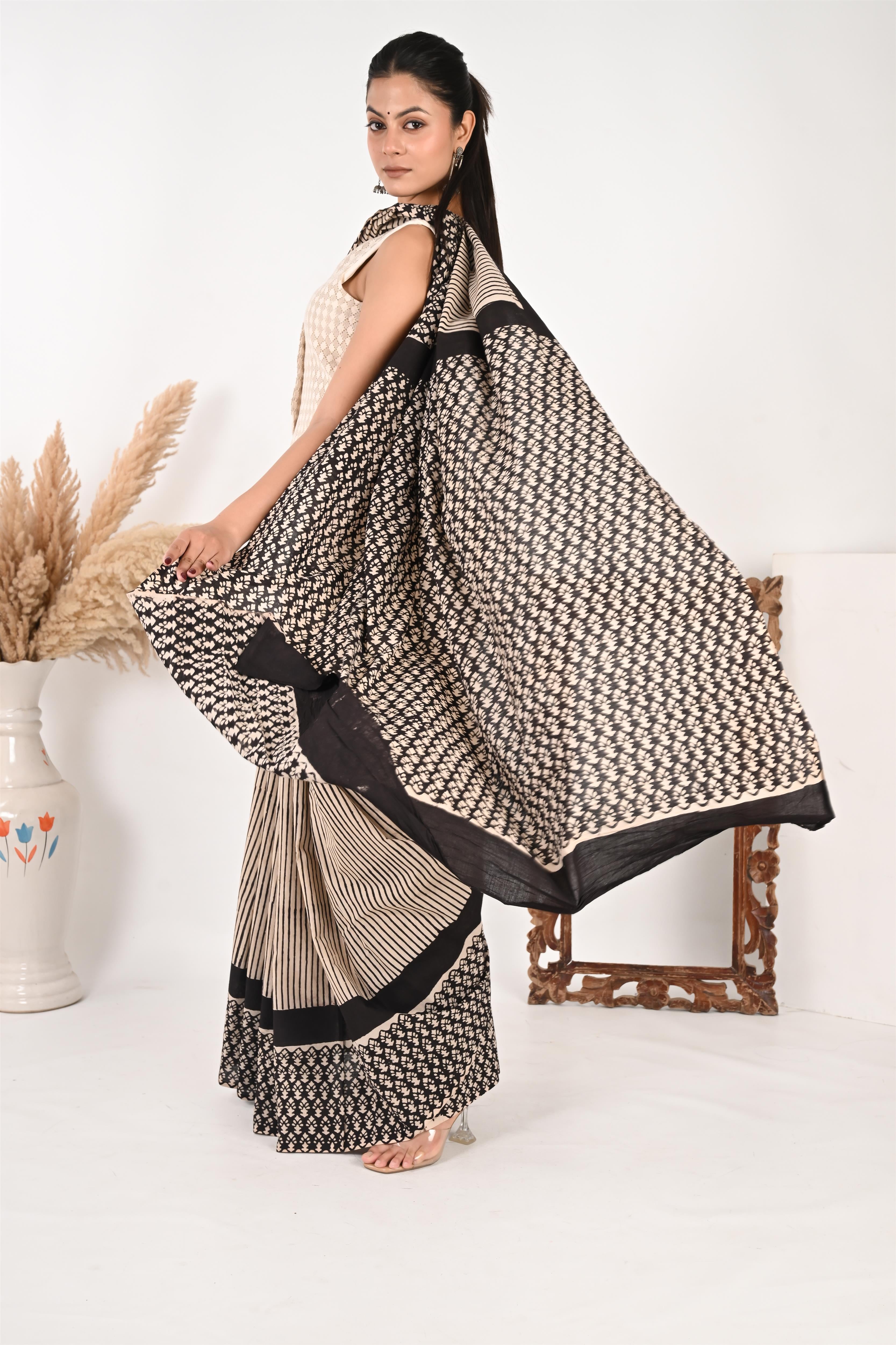 Boardroom Game - Handblock Print Natural Dyed - Mulmul Cotton Saree