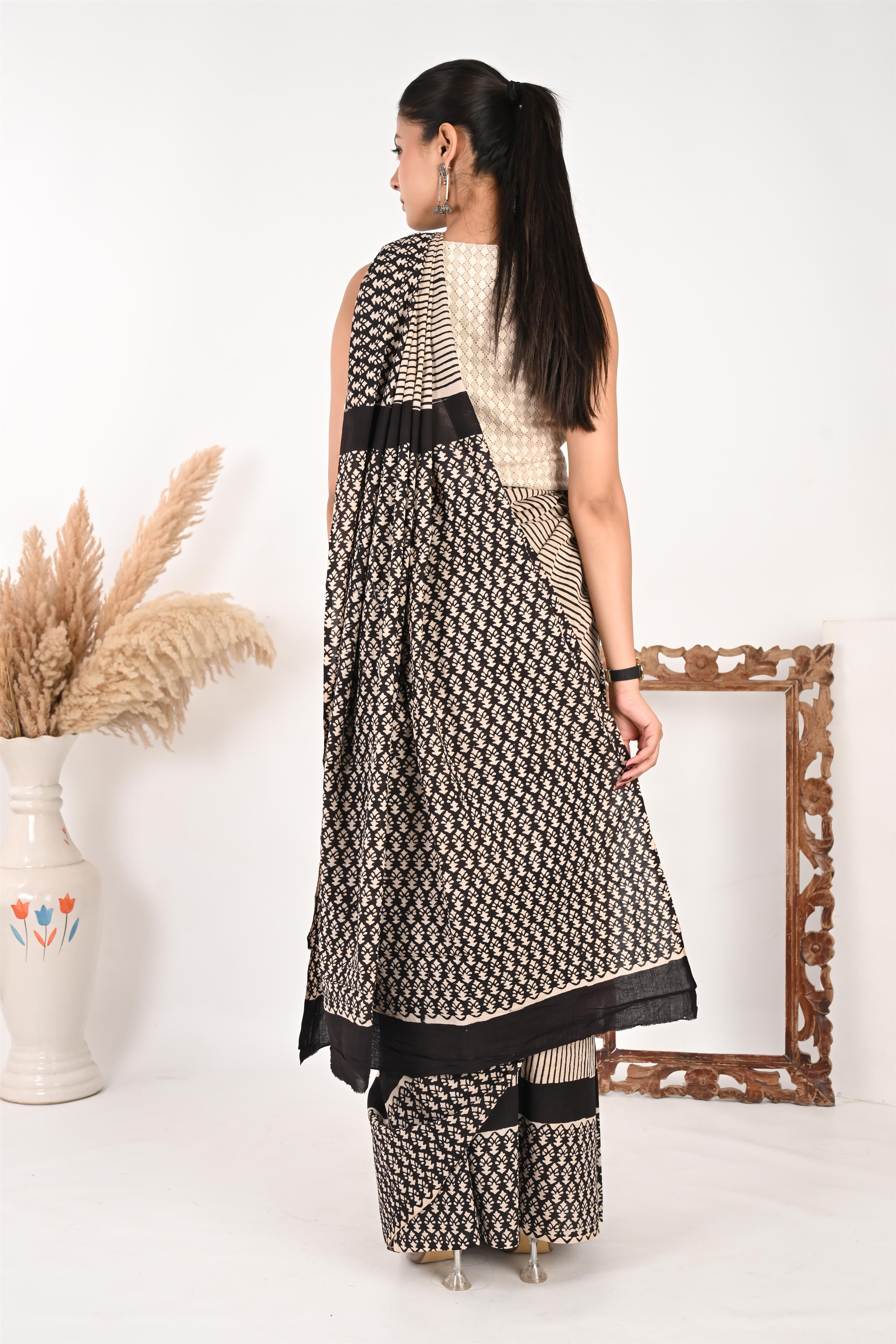 Boardroom Game - Handblock Print Natural Dyed - Mulmul Cotton Saree