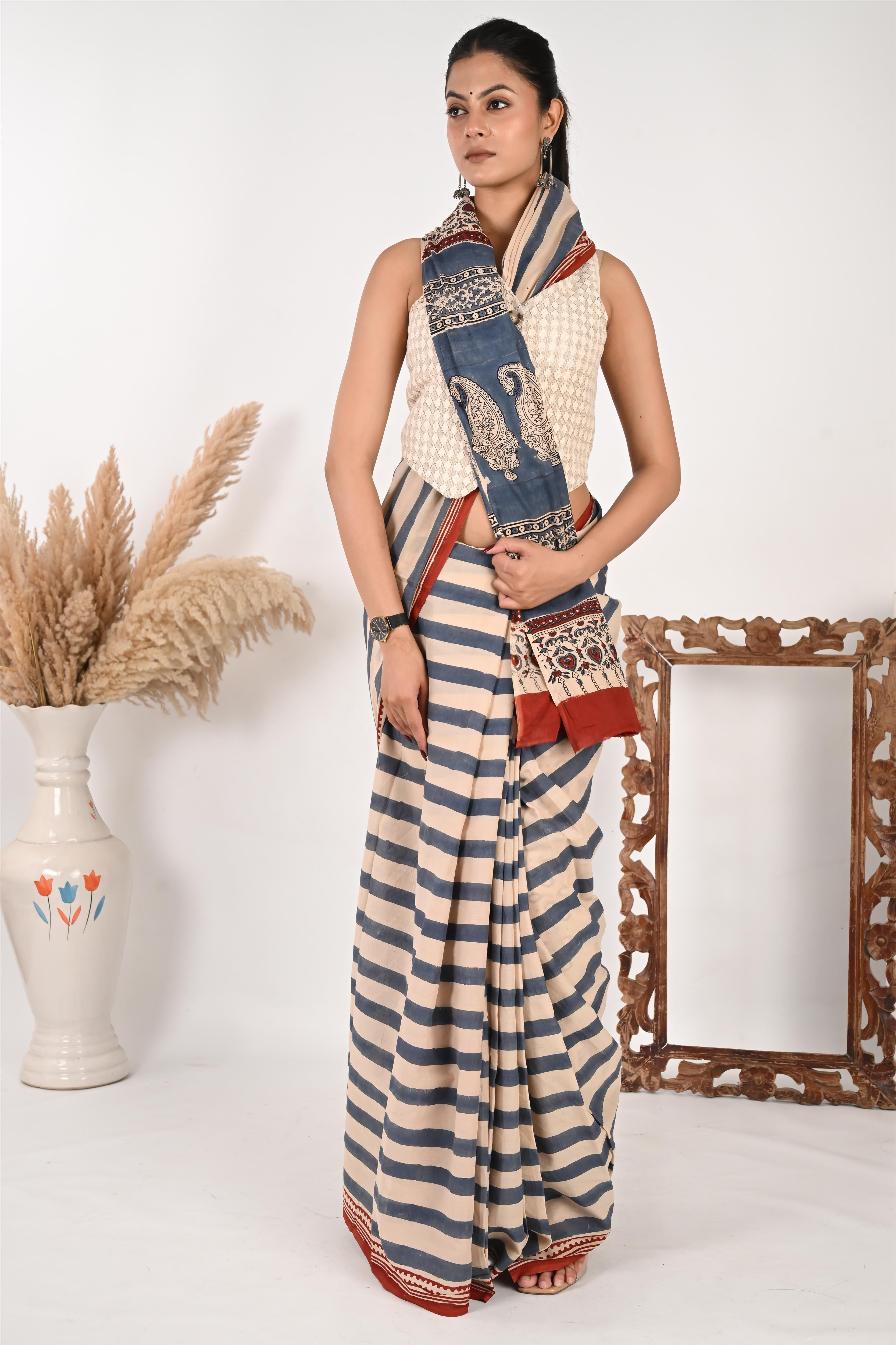 Update or Upgrade - Handblock Print Natural Dyed - Mulmul Cotton Saree