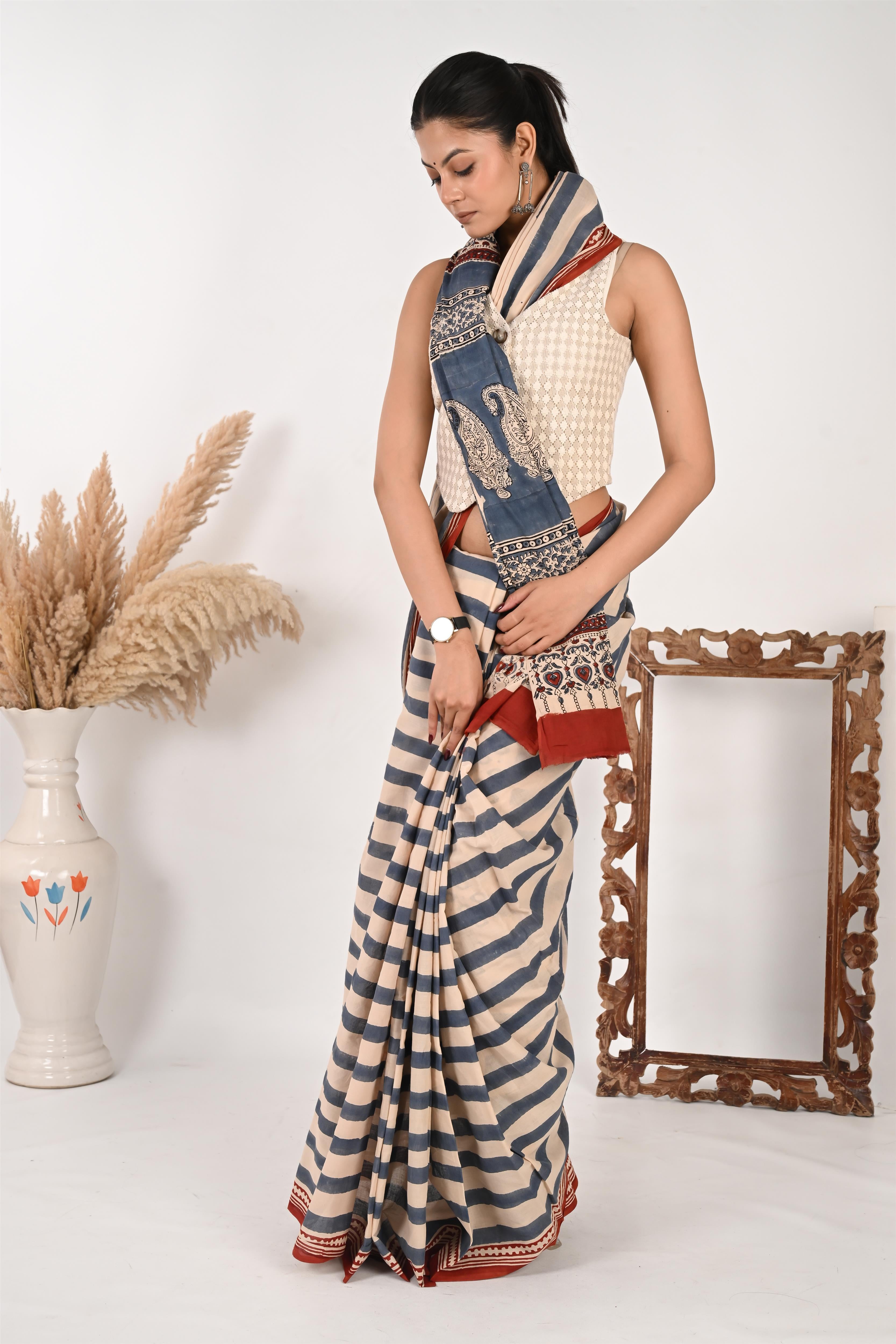 Update or Upgrade - Handblock Print Natural Dyed - Mulmul Cotton Saree