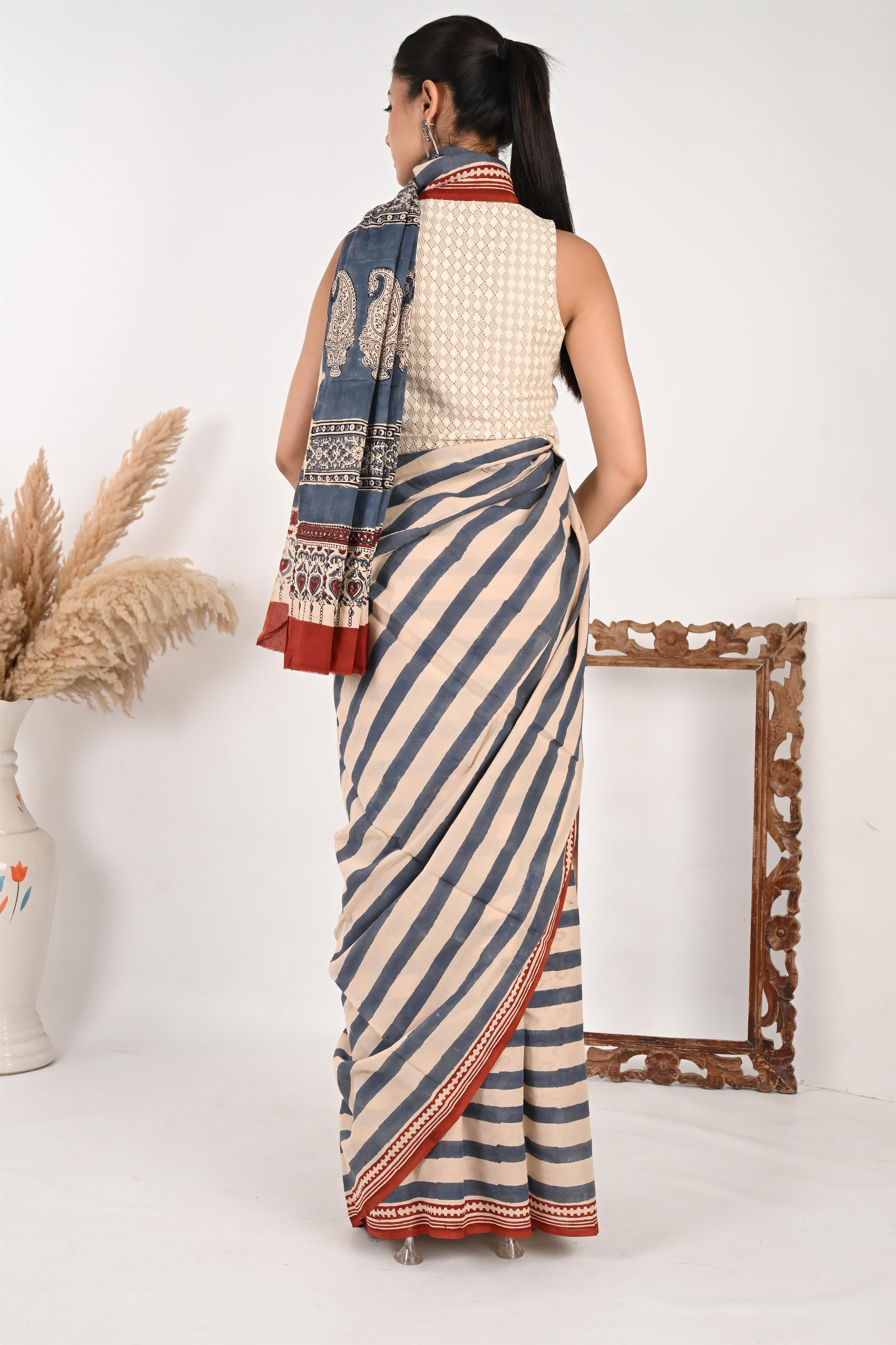 Update or Upgrade - Handblock Print Natural Dyed - Mulmul Cotton Saree