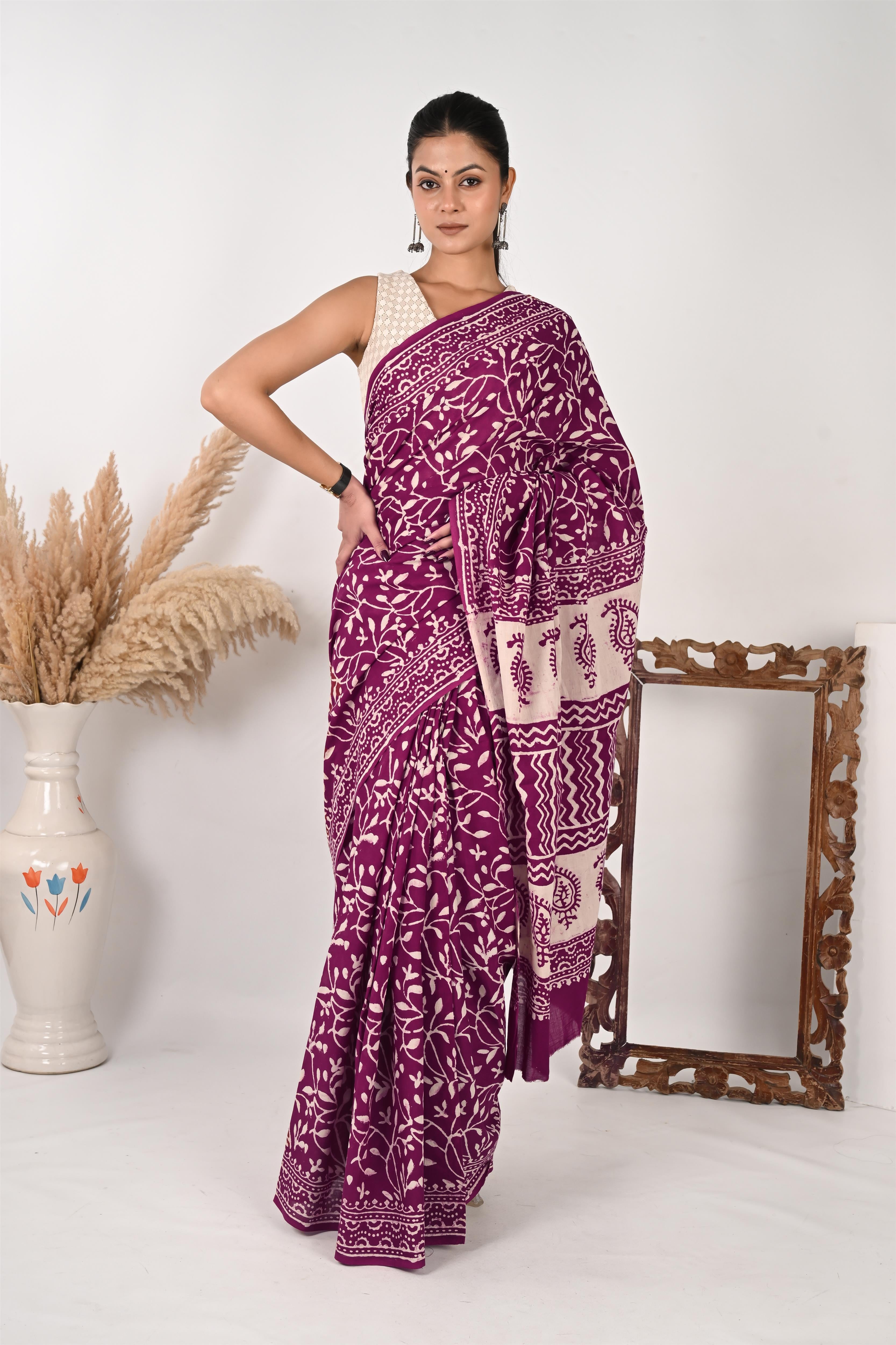 HR (Her Role) - Handblock Print Natural Dyed - Mulmul Cotton Saree