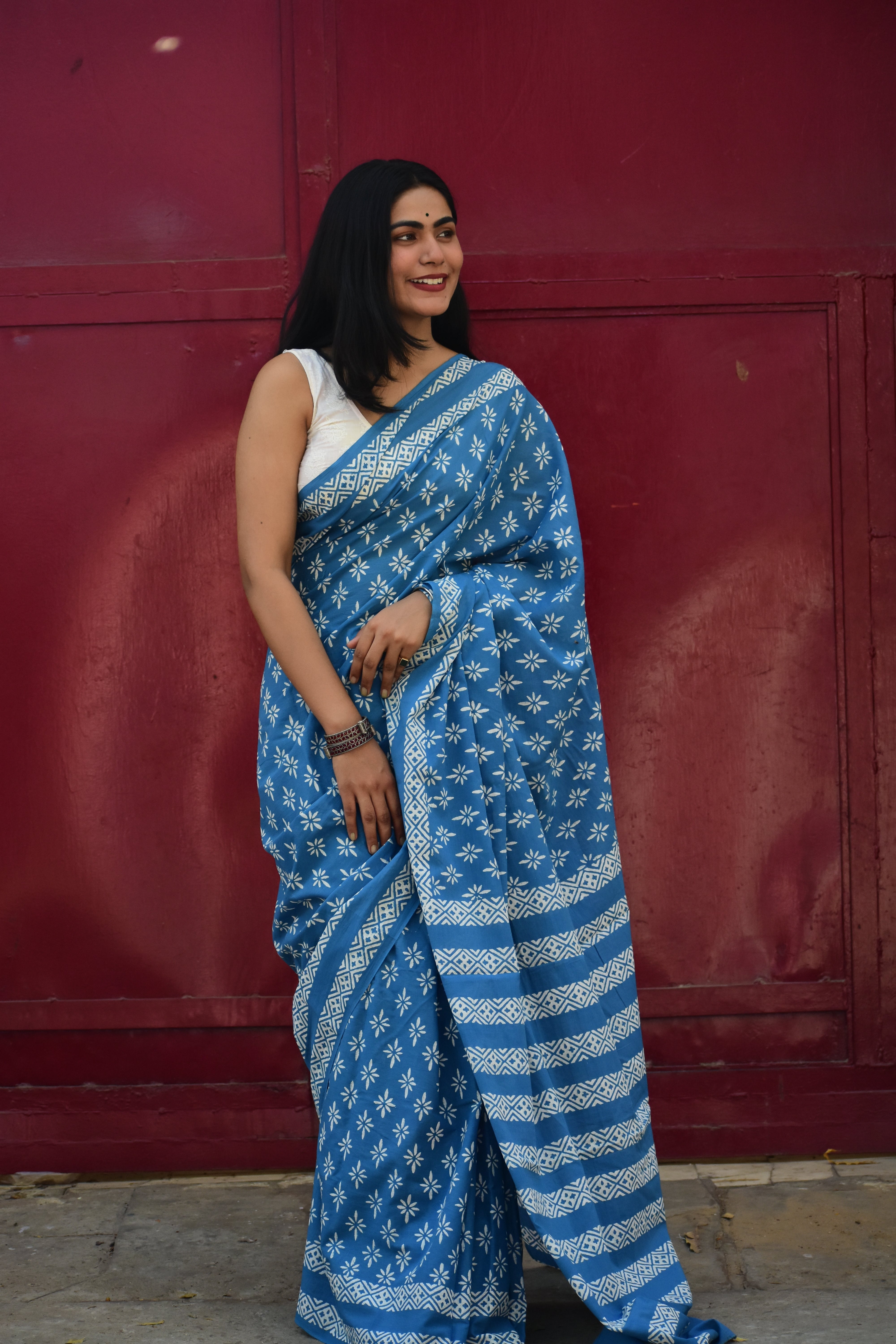 No Rules - Mulmul Cotton Block Printed Blue Saree
