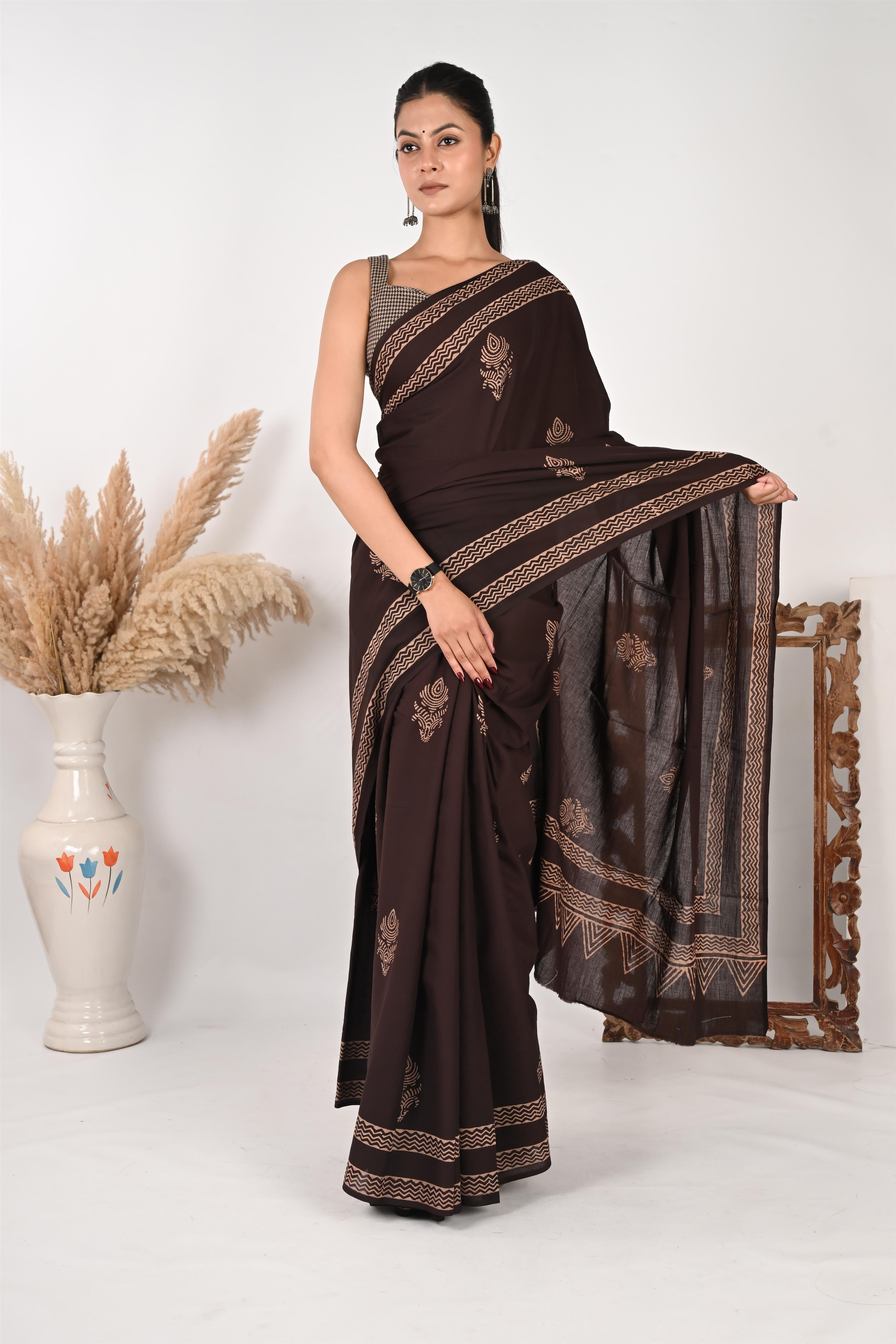 Tea Break - Handblock Print Natural Dyed - Mulmul Cotton Saree