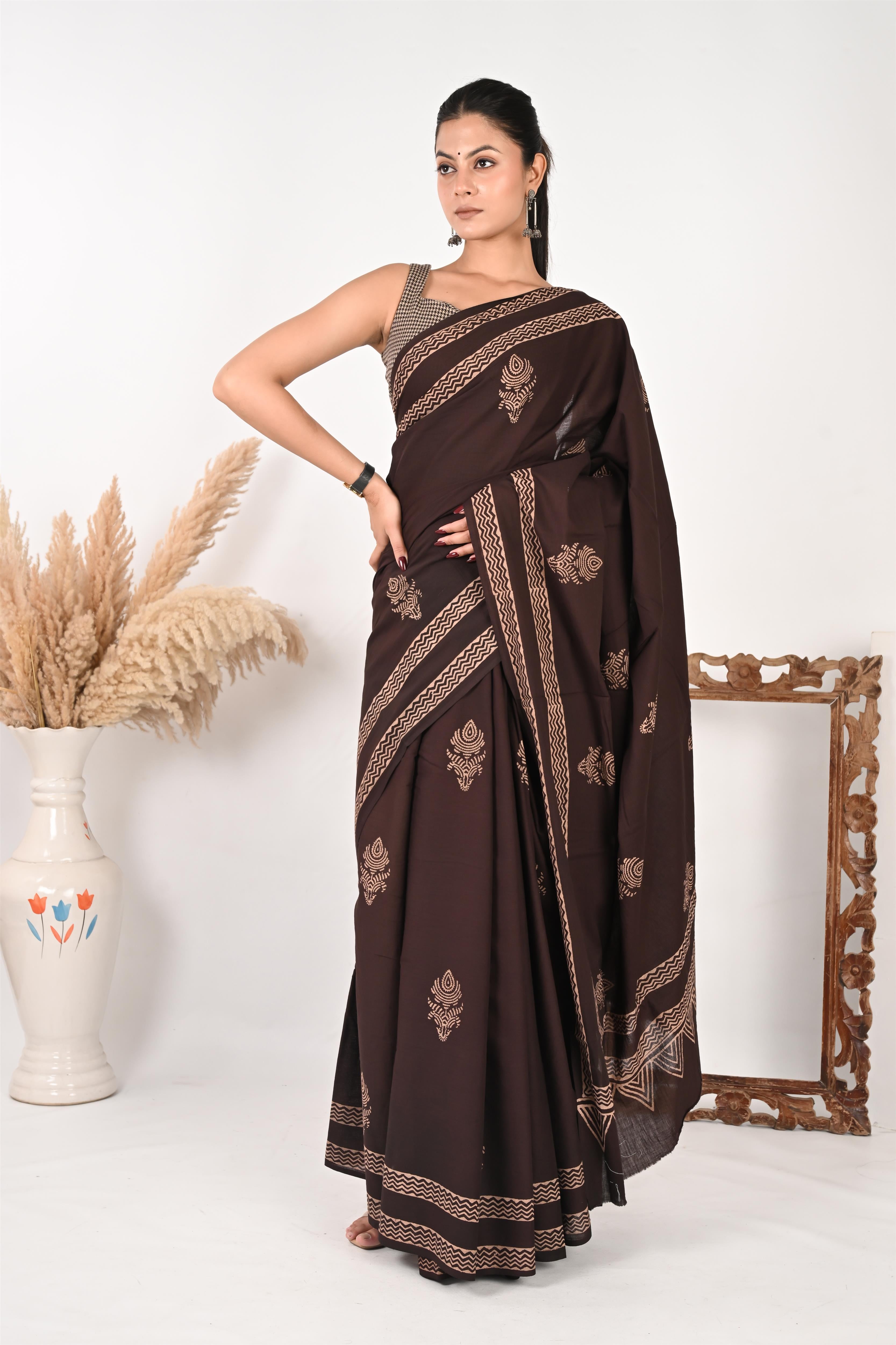 Tea Break - Handblock Print Natural Dyed - Mulmul Cotton Saree
