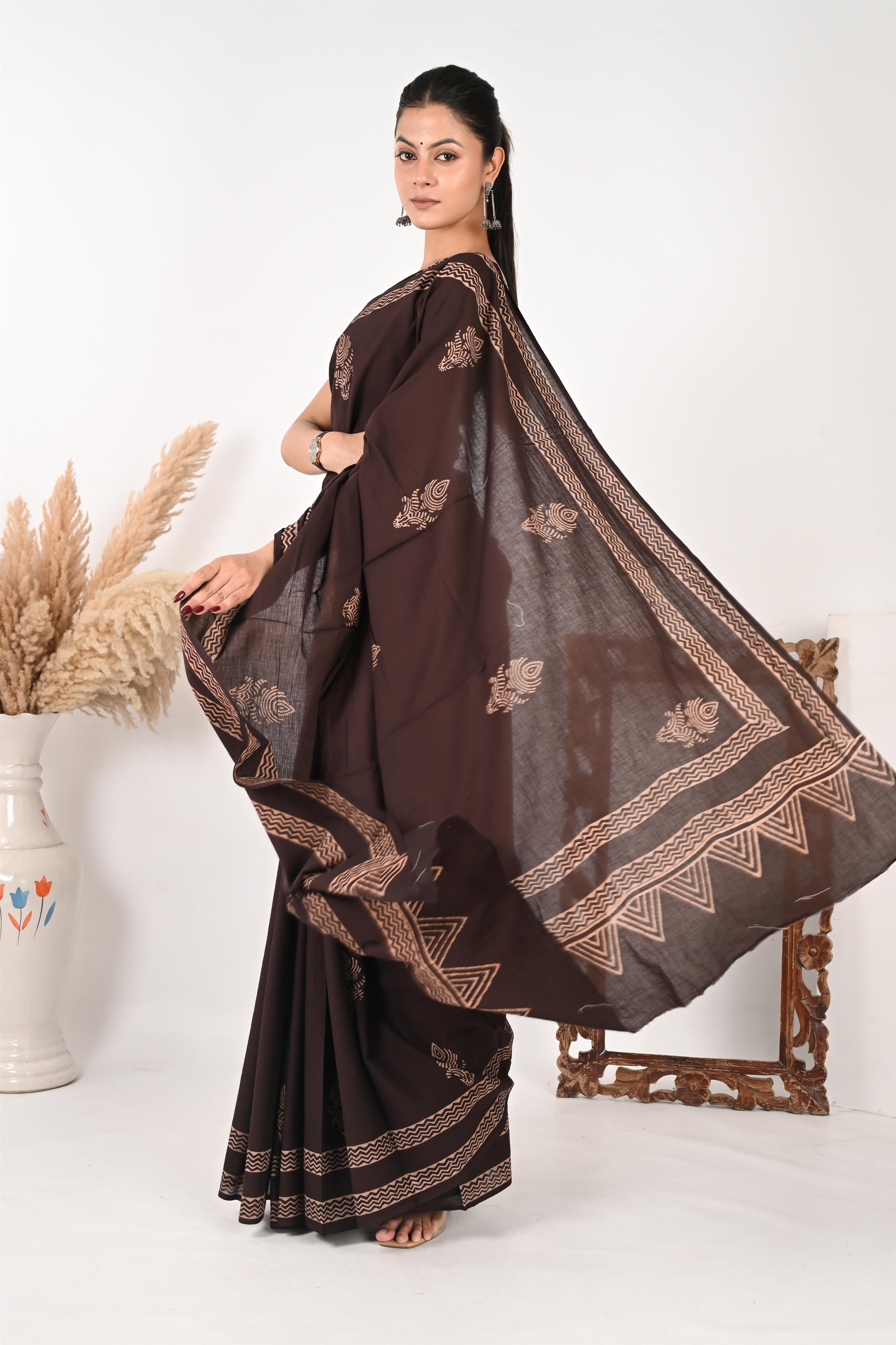Tea Break - Handblock Print Natural Dyed - Mulmul Cotton Saree