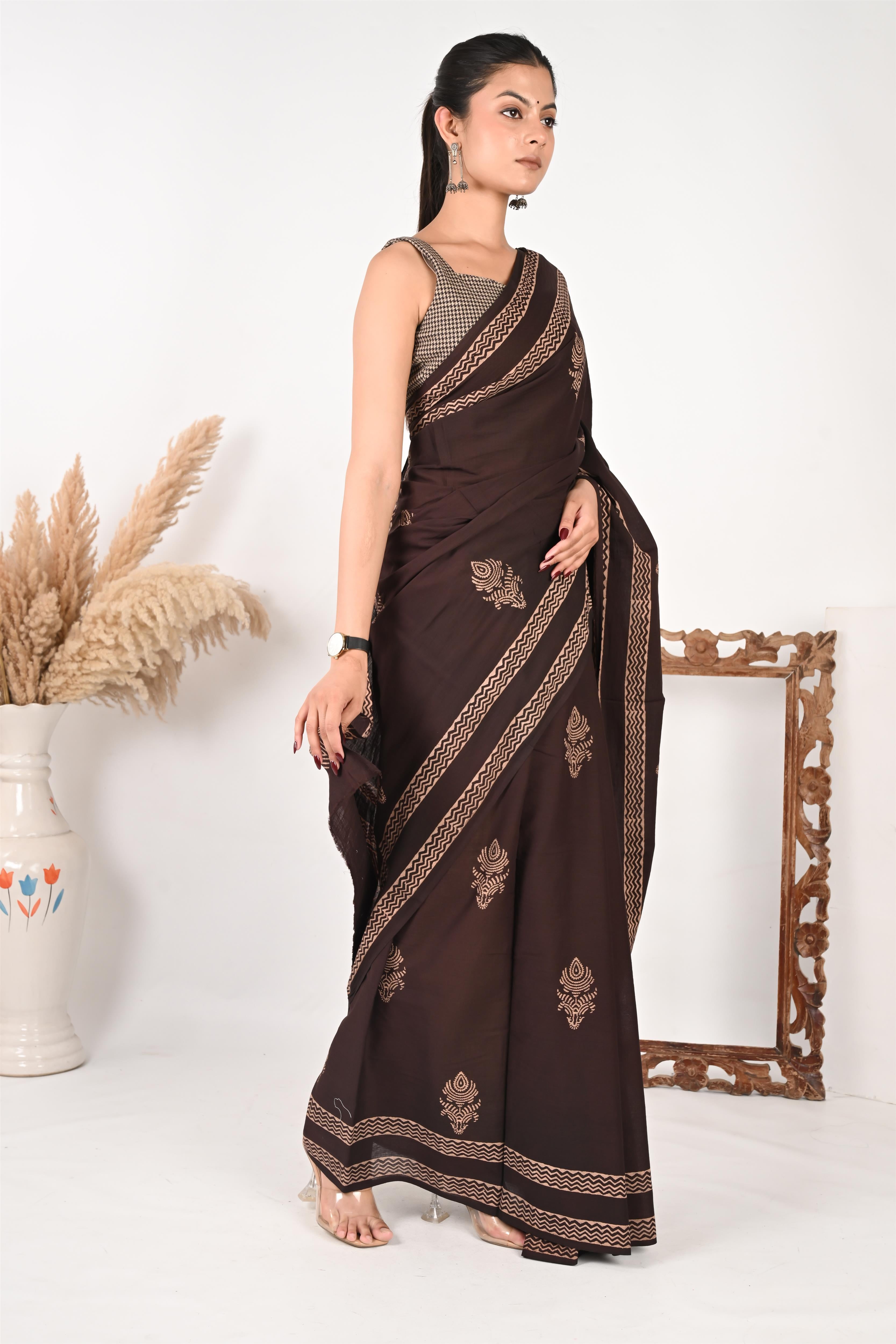 Tea Break - Handblock Print Natural Dyed - Mulmul Cotton Saree