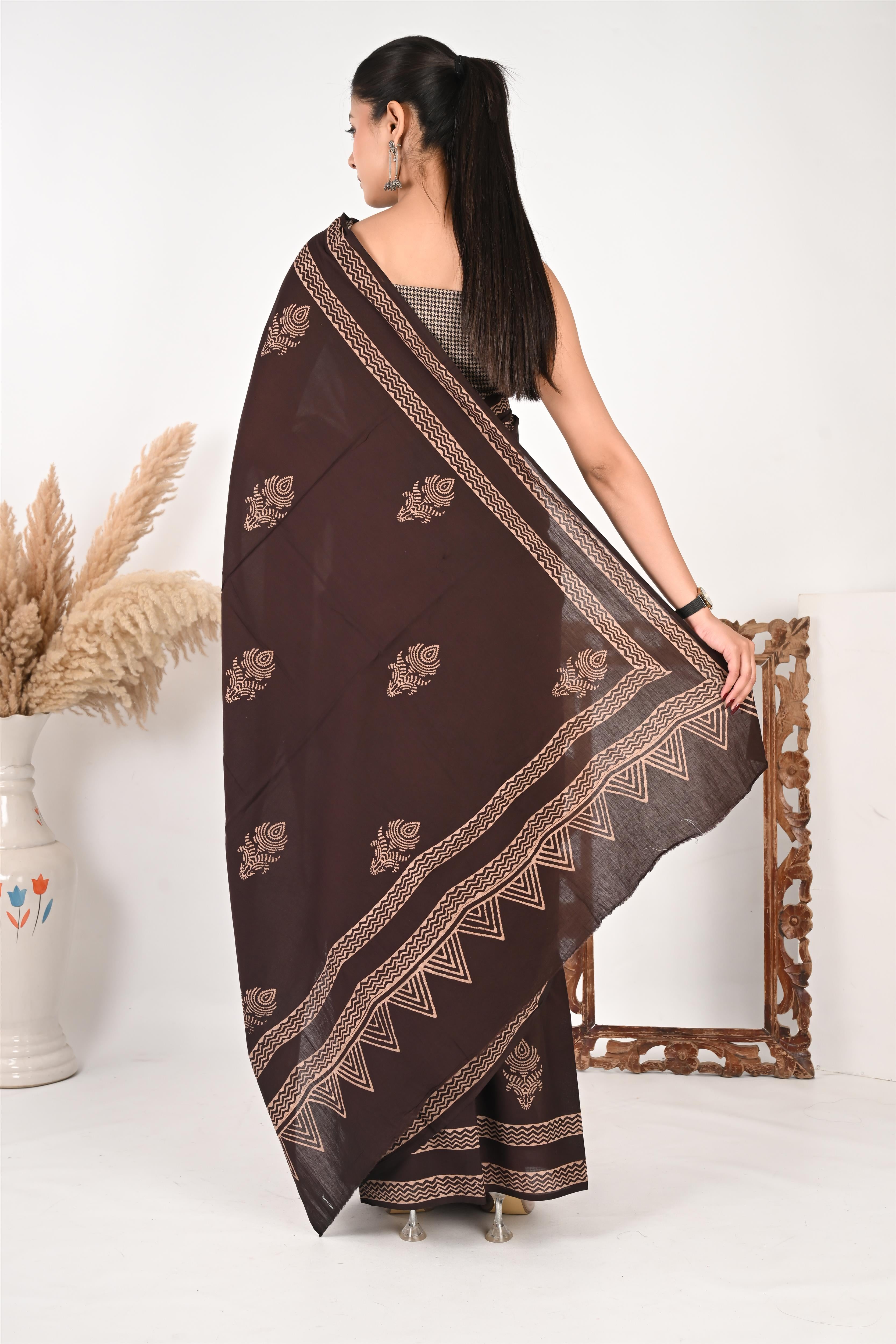 Tea Break - Handblock Print Natural Dyed - Mulmul Cotton Saree
