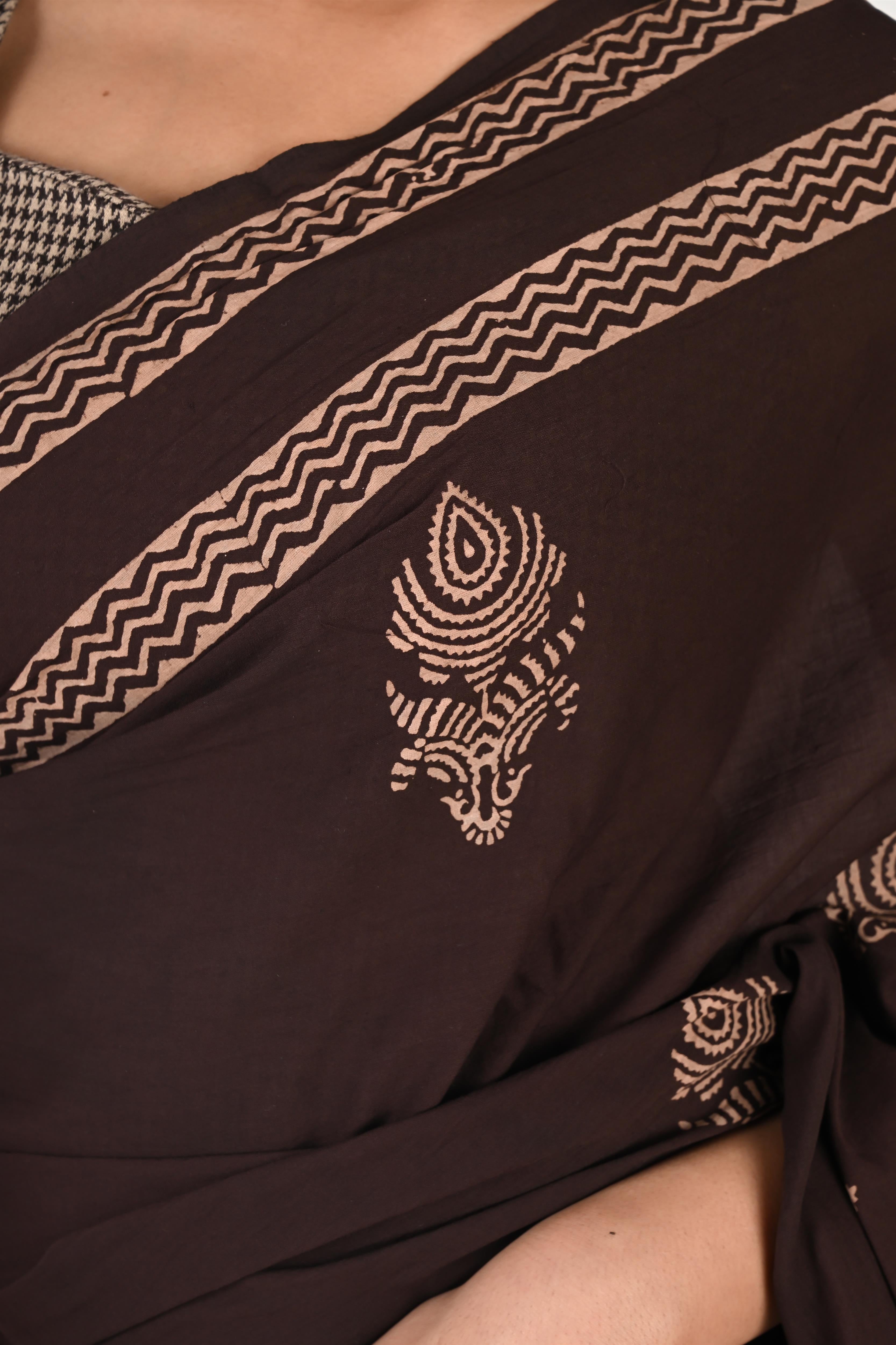 Tea Break - Handblock Print Natural Dyed - Mulmul Cotton Saree