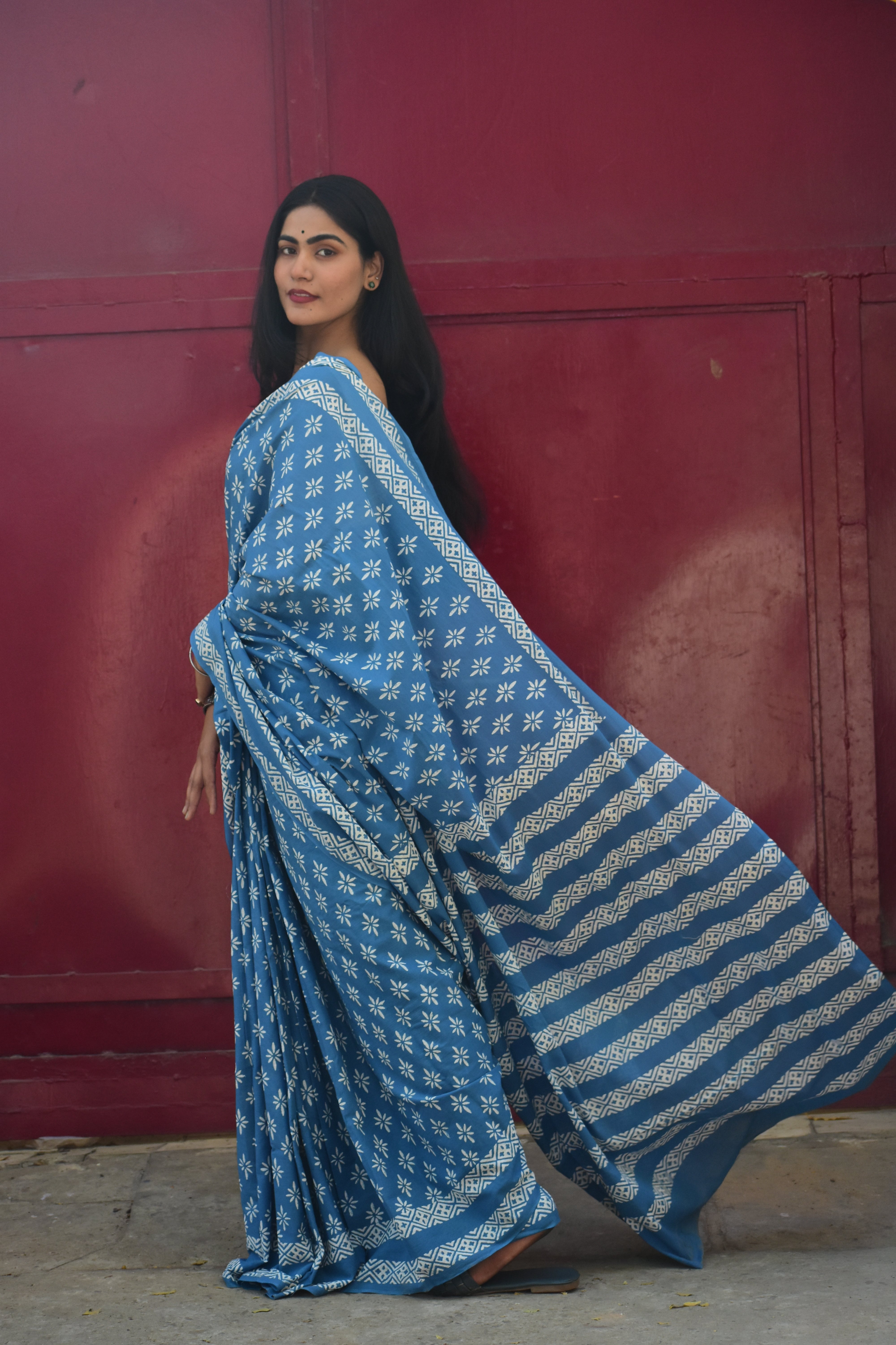 No Rules - Mulmul Cotton Block Printed Blue Saree