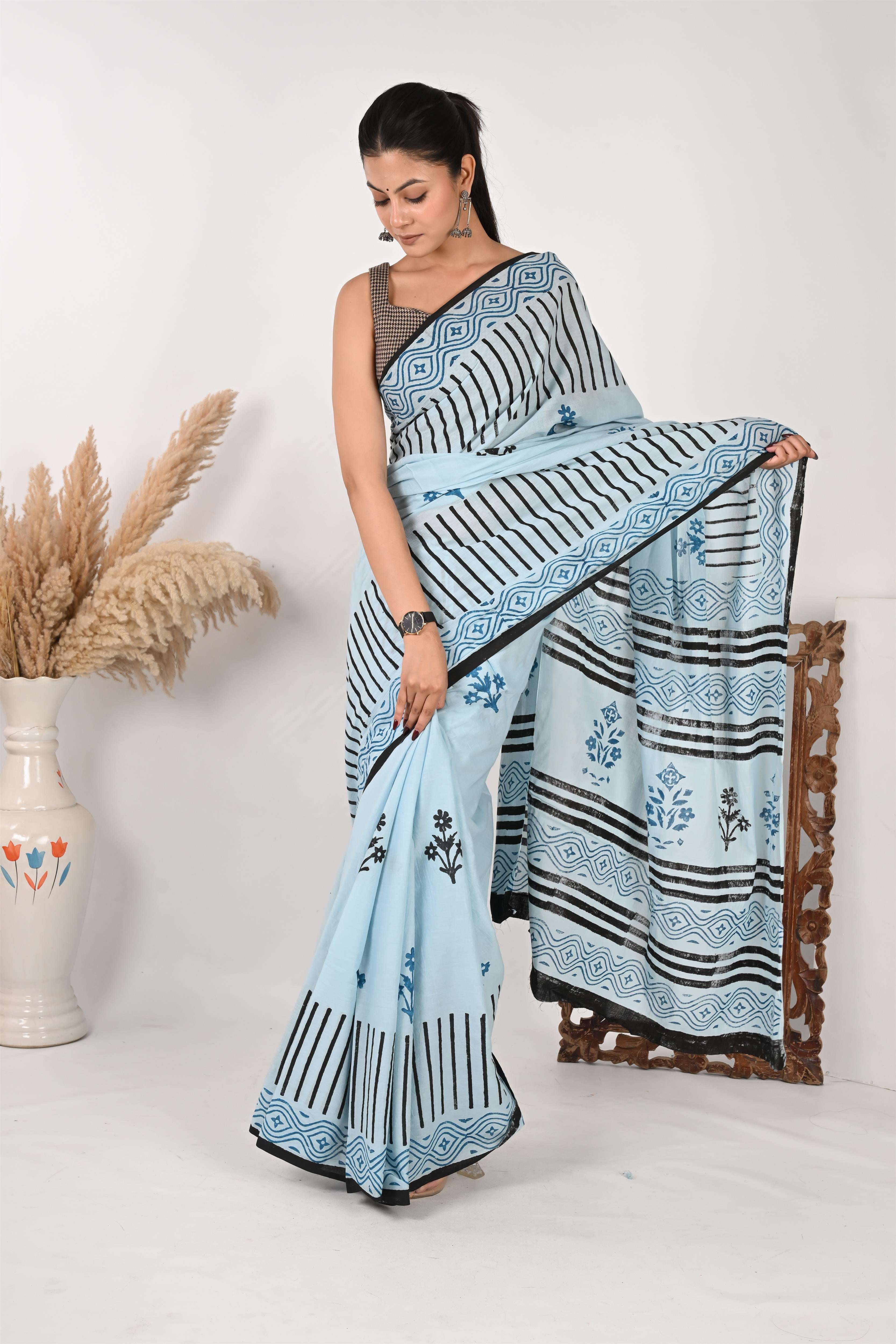 Minutes of Meeting - Handblock Print Natural Dyed - Mulmul Cotton Saree