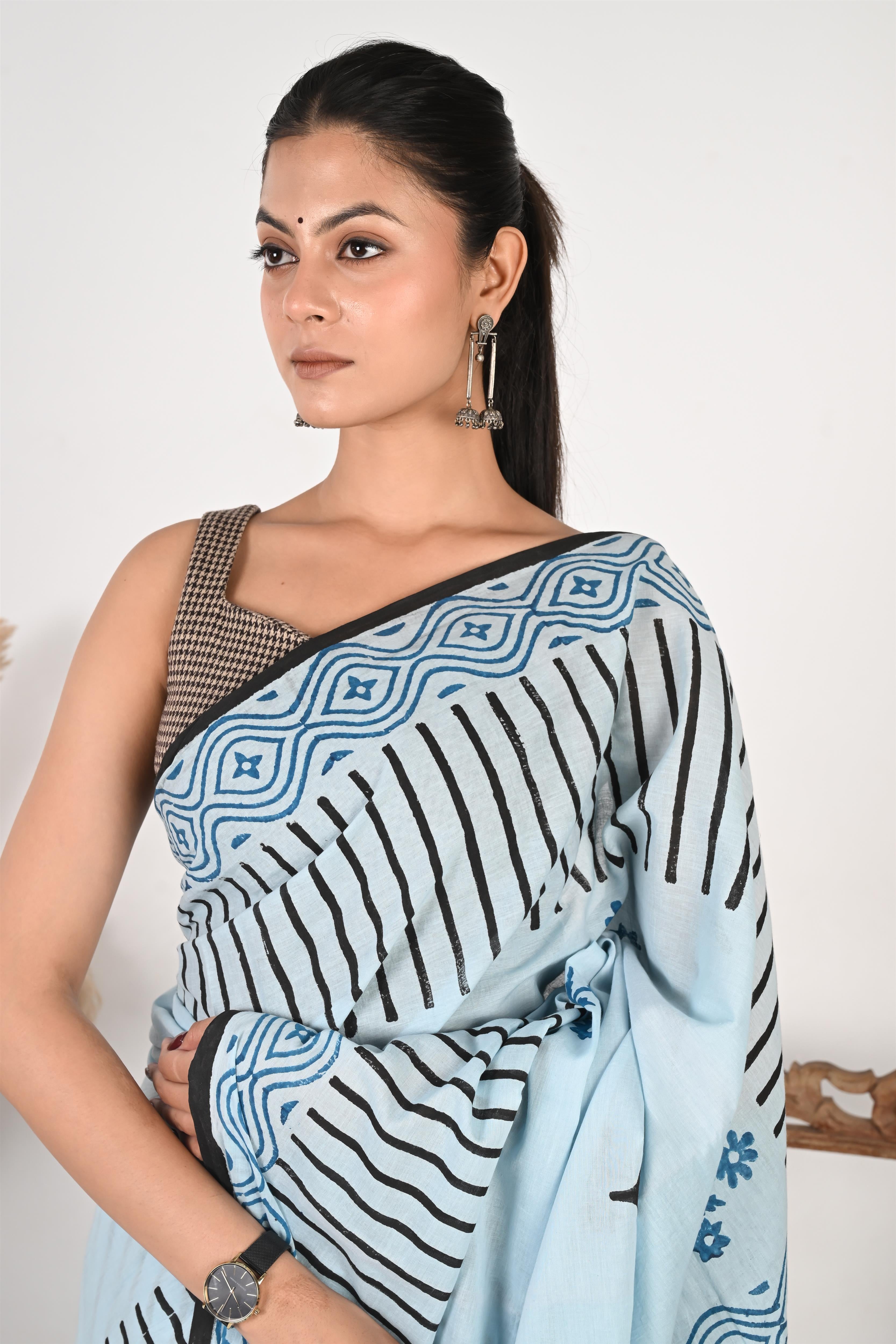 Minutes of Meeting - Handblock Print Natural Dyed - Mulmul Cotton Saree