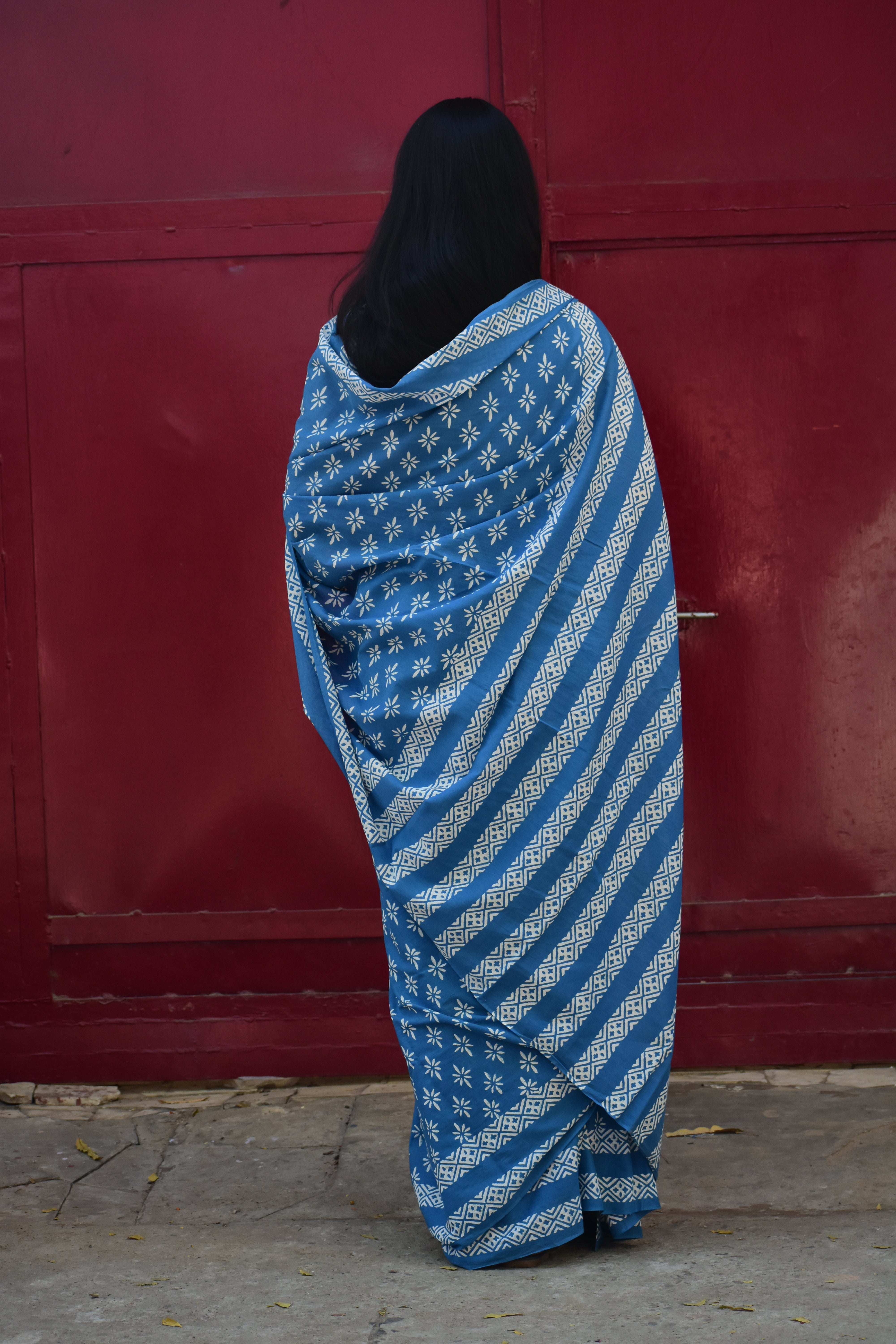 No Rules - Mulmul Cotton Block Printed Blue Saree
