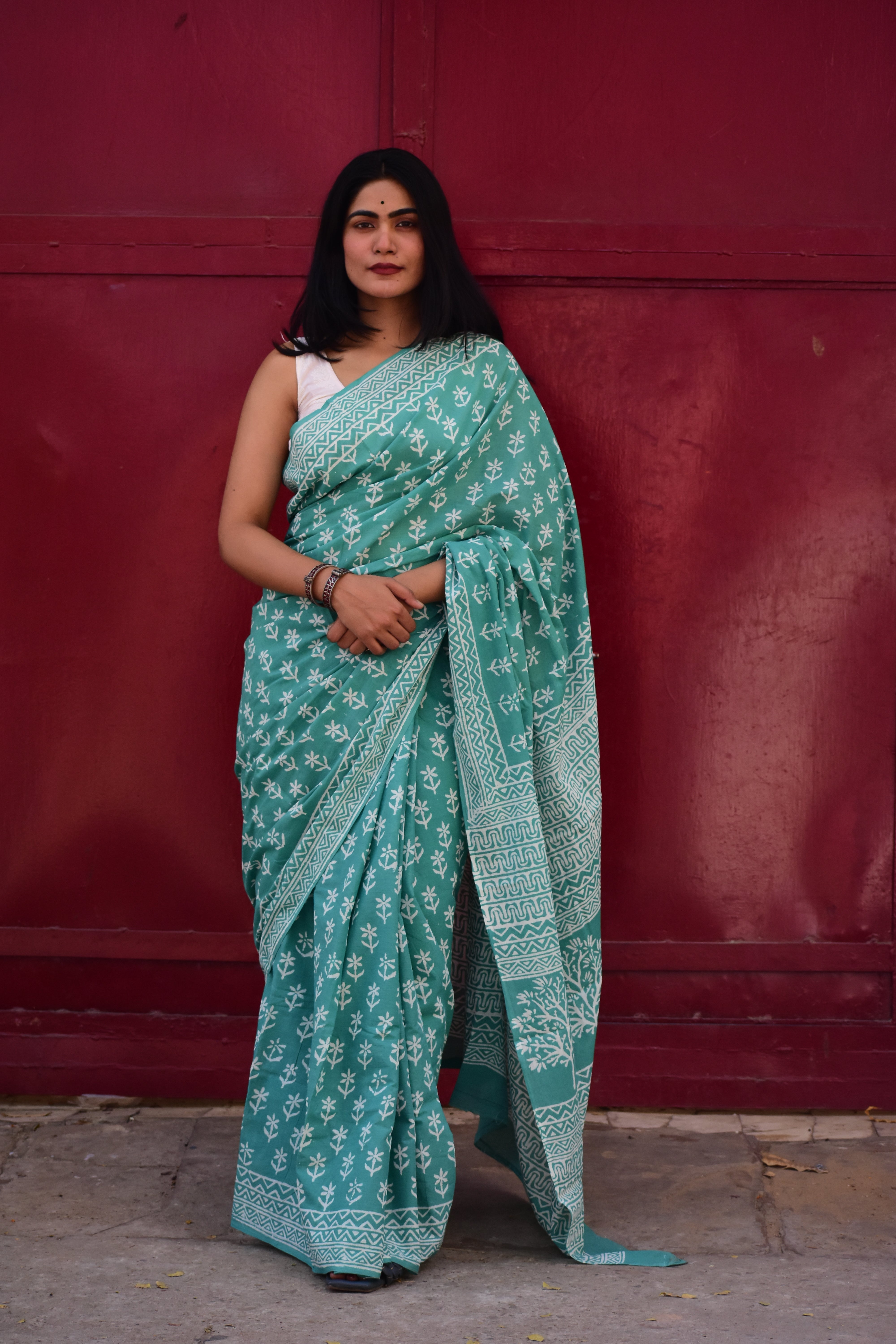 Mint-To-Be - Mulmul Cotton Block Printed Mint Green Saree
