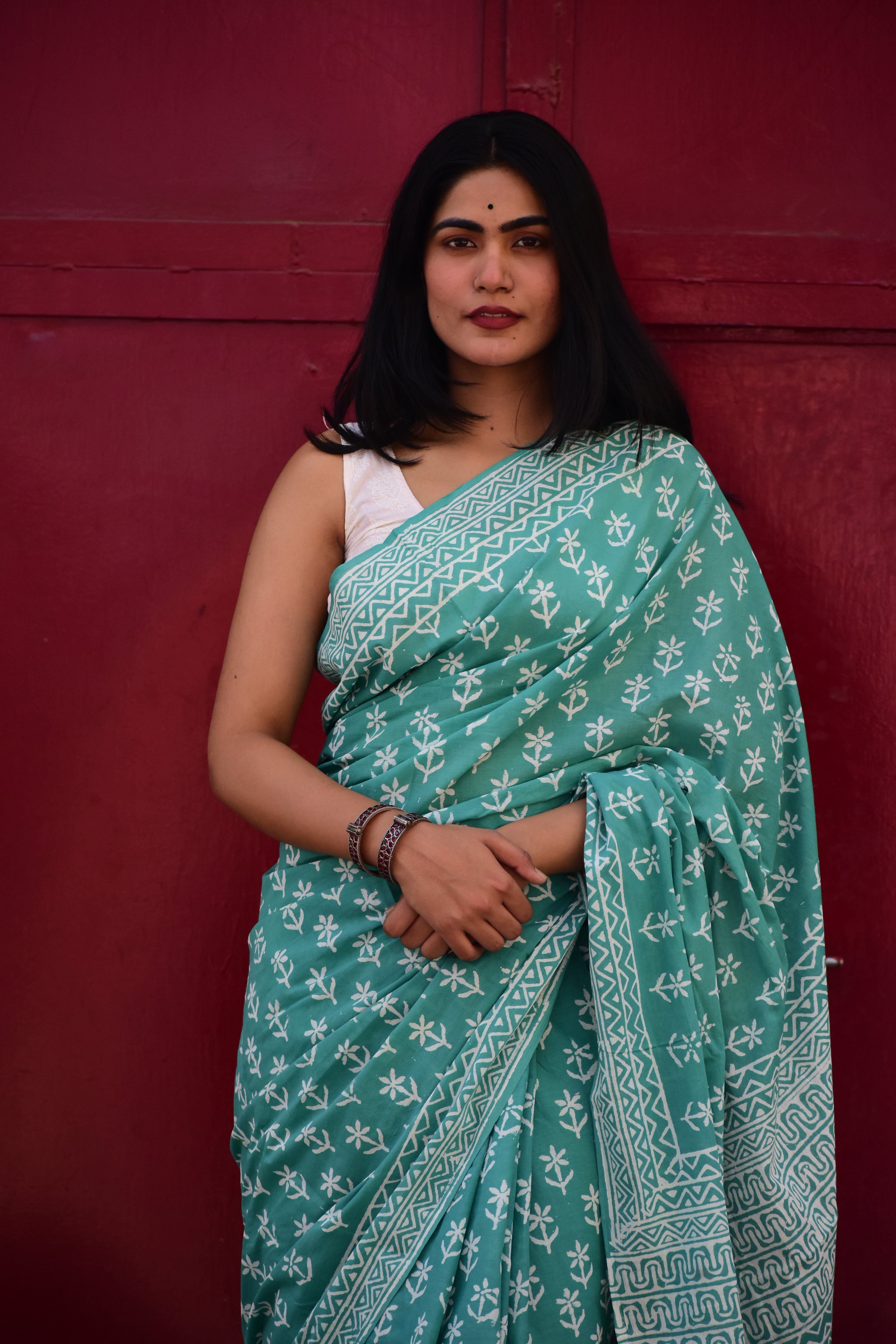 Mint-To-Be - Mulmul Cotton Block Printed Mint Green Saree