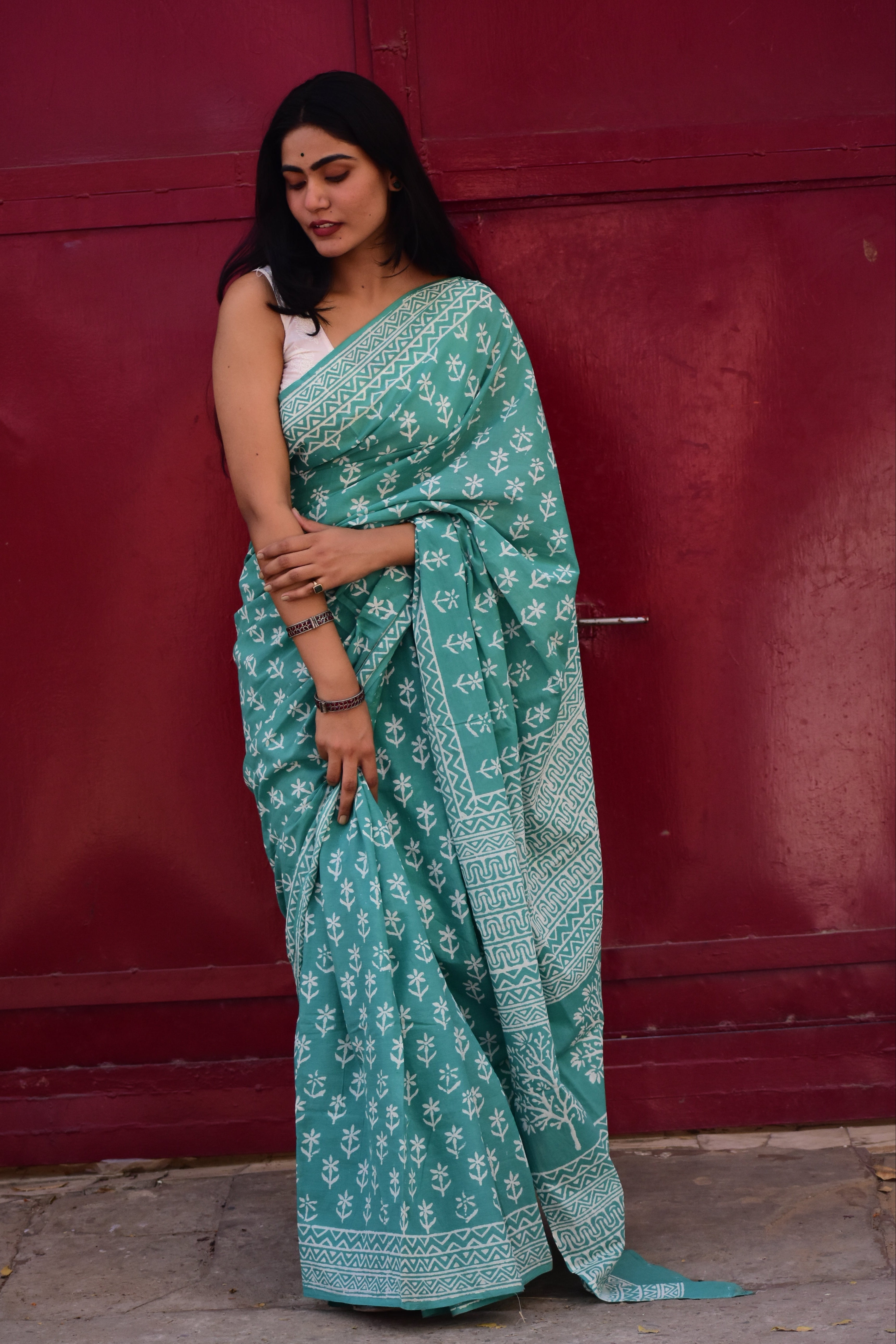 Mint-To-Be - Mulmul Cotton Block Printed Mint Green Saree