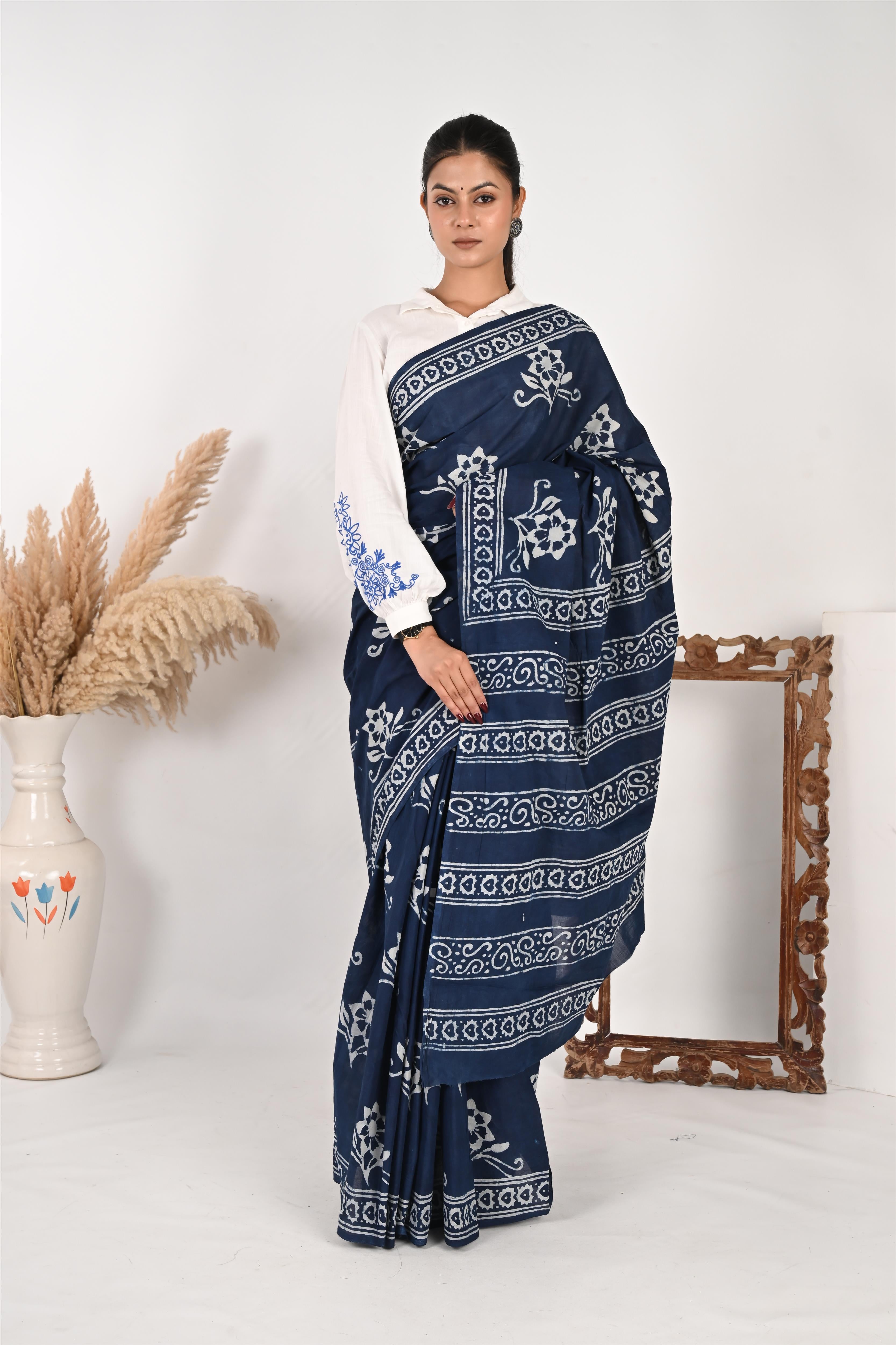 Blue Reply - Handblock Print Natural Dyed Mulmul Cotton Saree