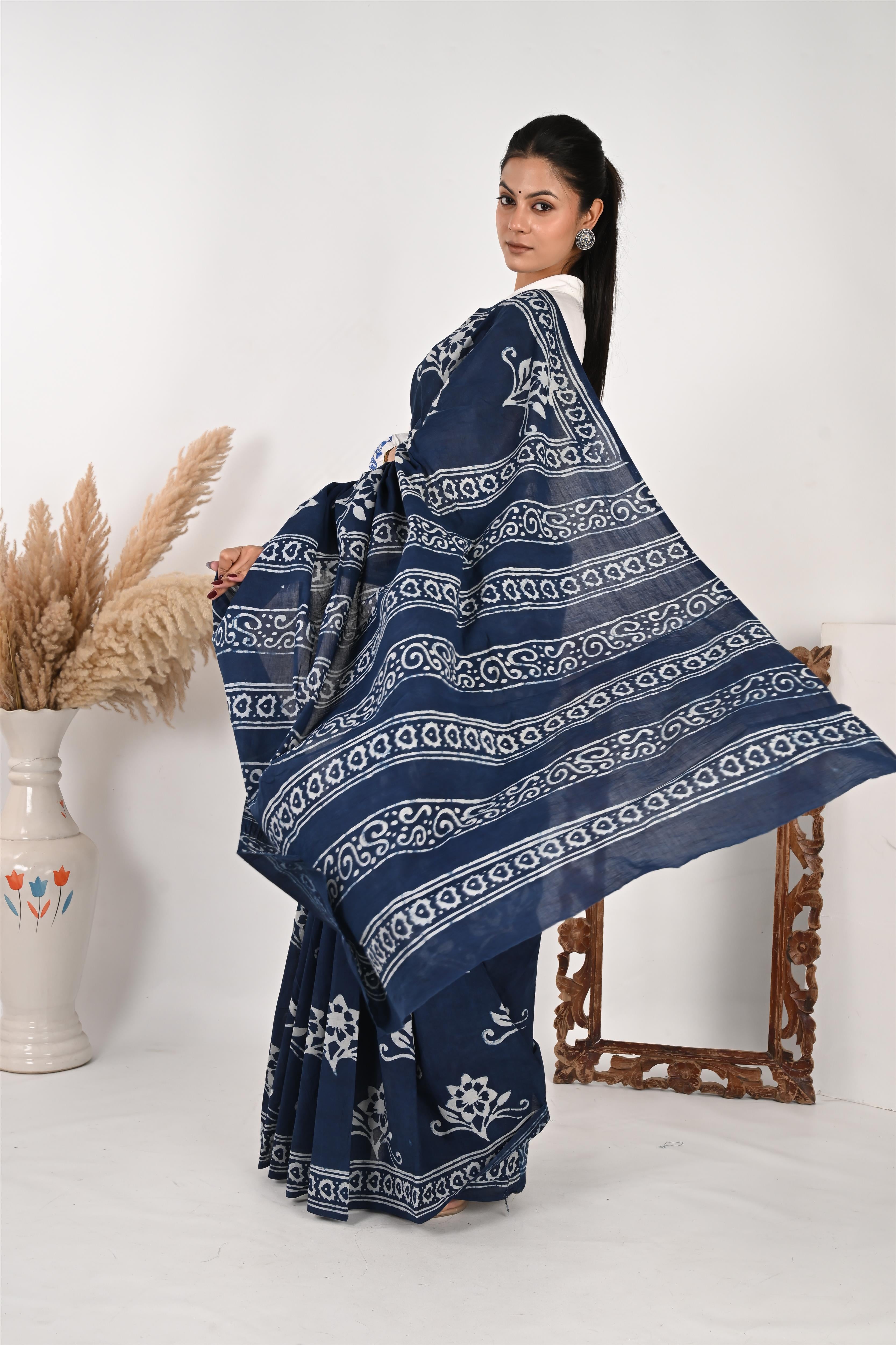 Blue Reply - Handblock Print Natural Dyed Mulmul Cotton Saree