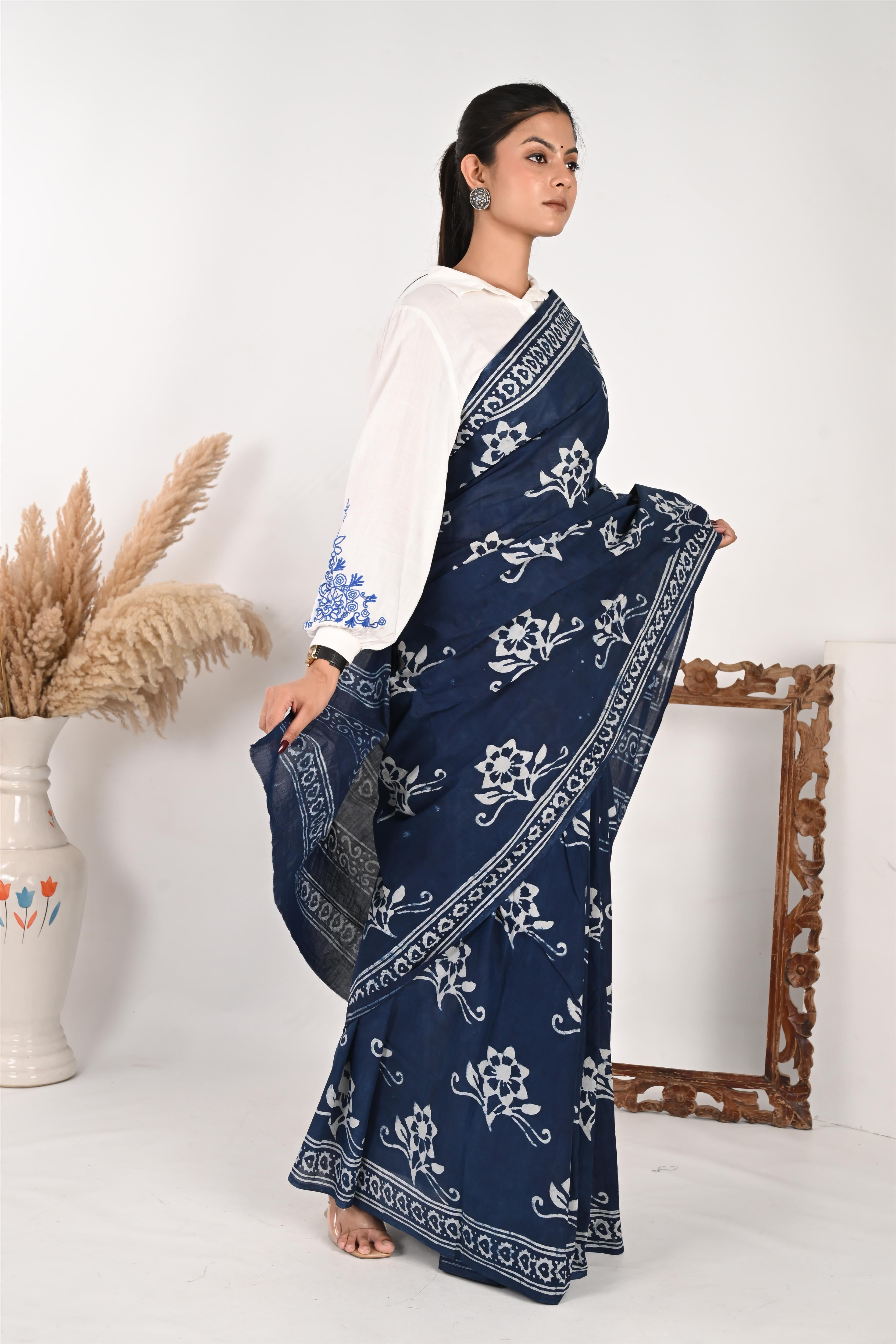 Blue Reply - Handblock Print Natural Dyed Mulmul Cotton Saree