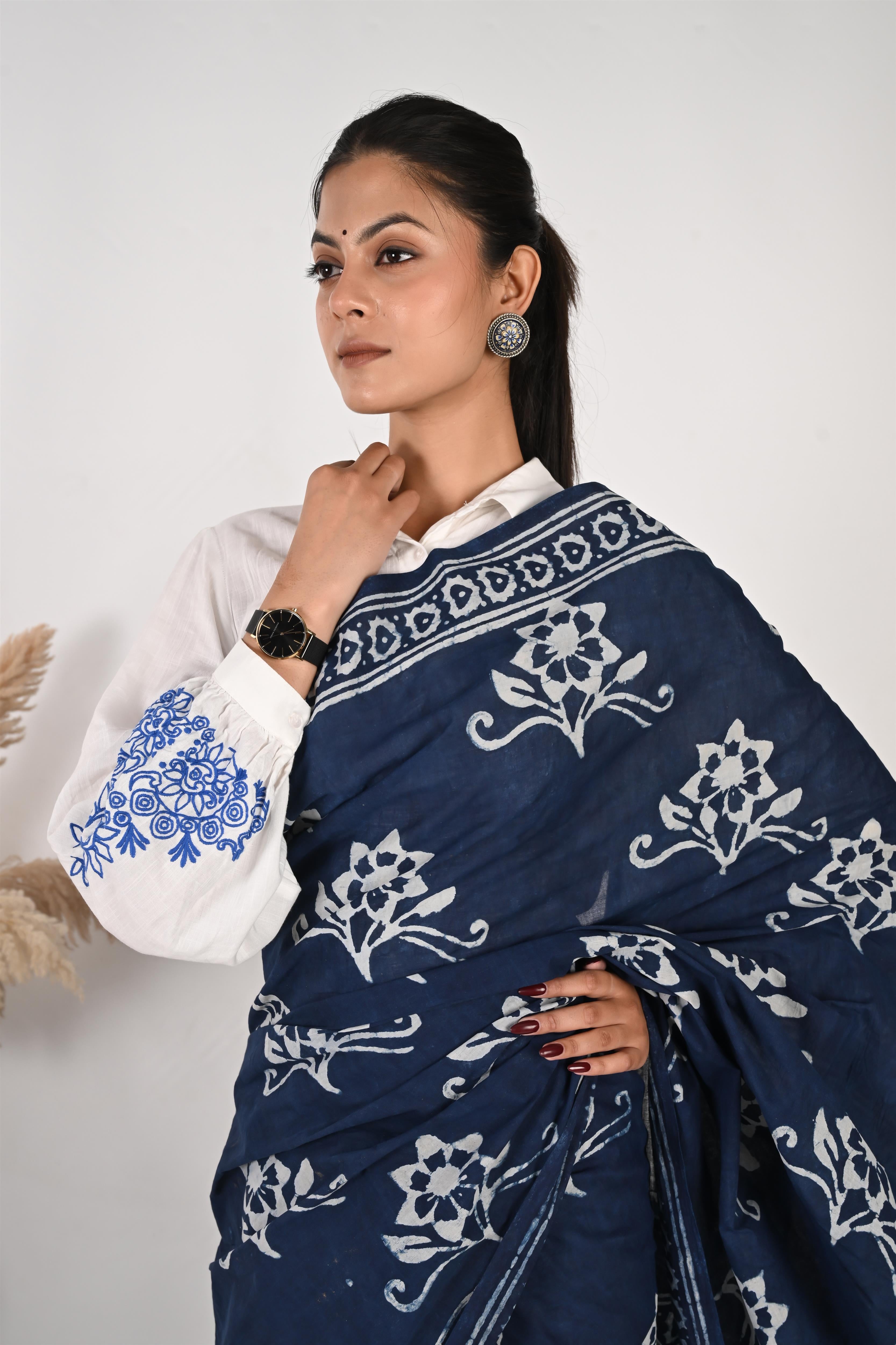 Blue Reply - Handblock Print Natural Dyed Mulmul Cotton Saree
