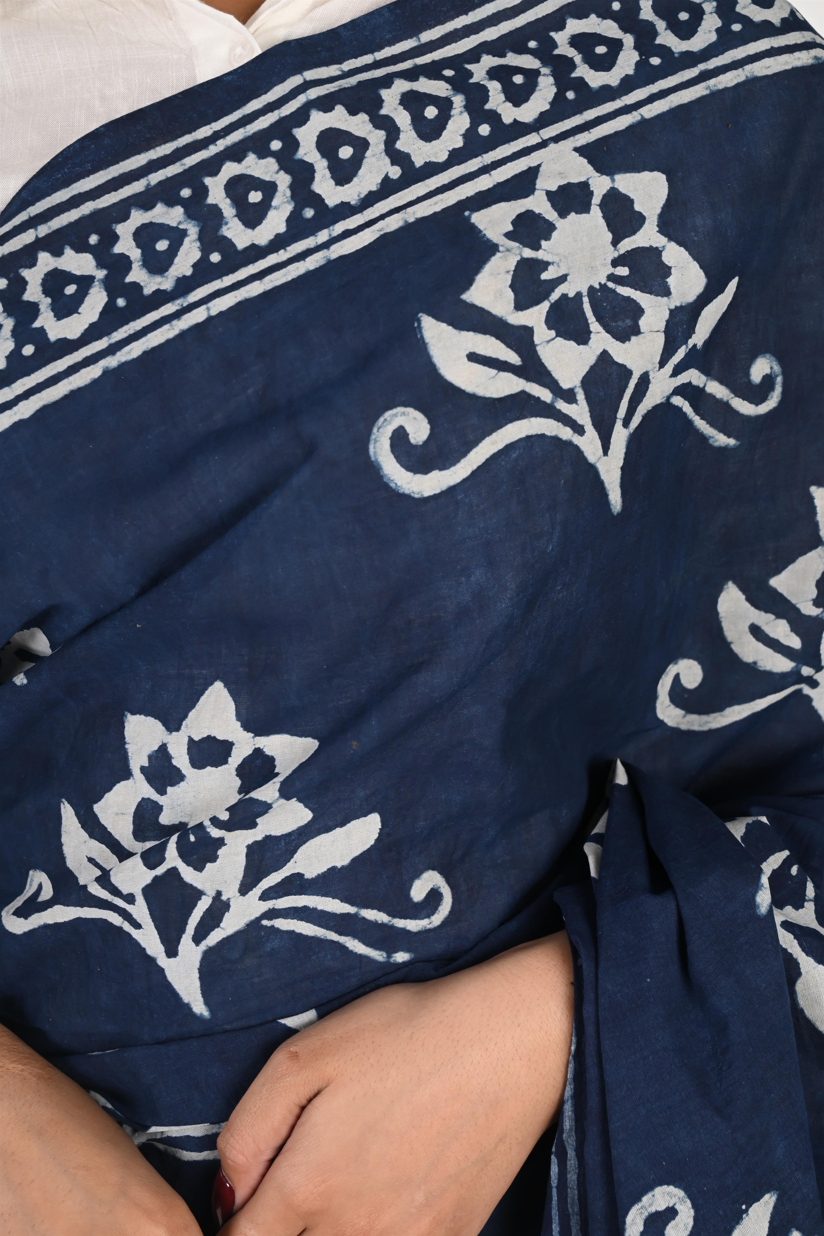 Blue Reply - Handblock Print Natural Dyed Mulmul Cotton Saree