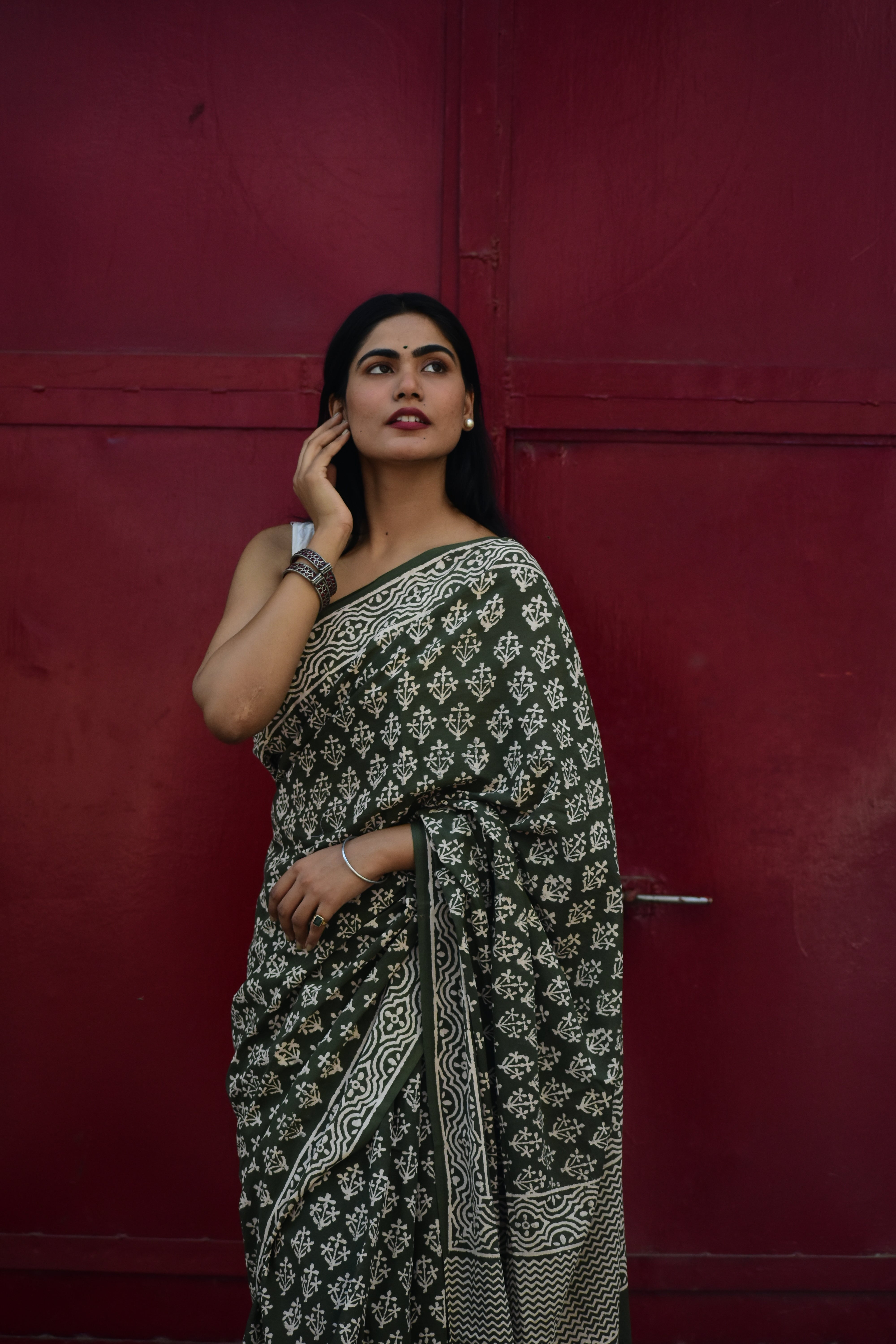 Moody Mama - Mulmul Cotton Block Printed Green Saree