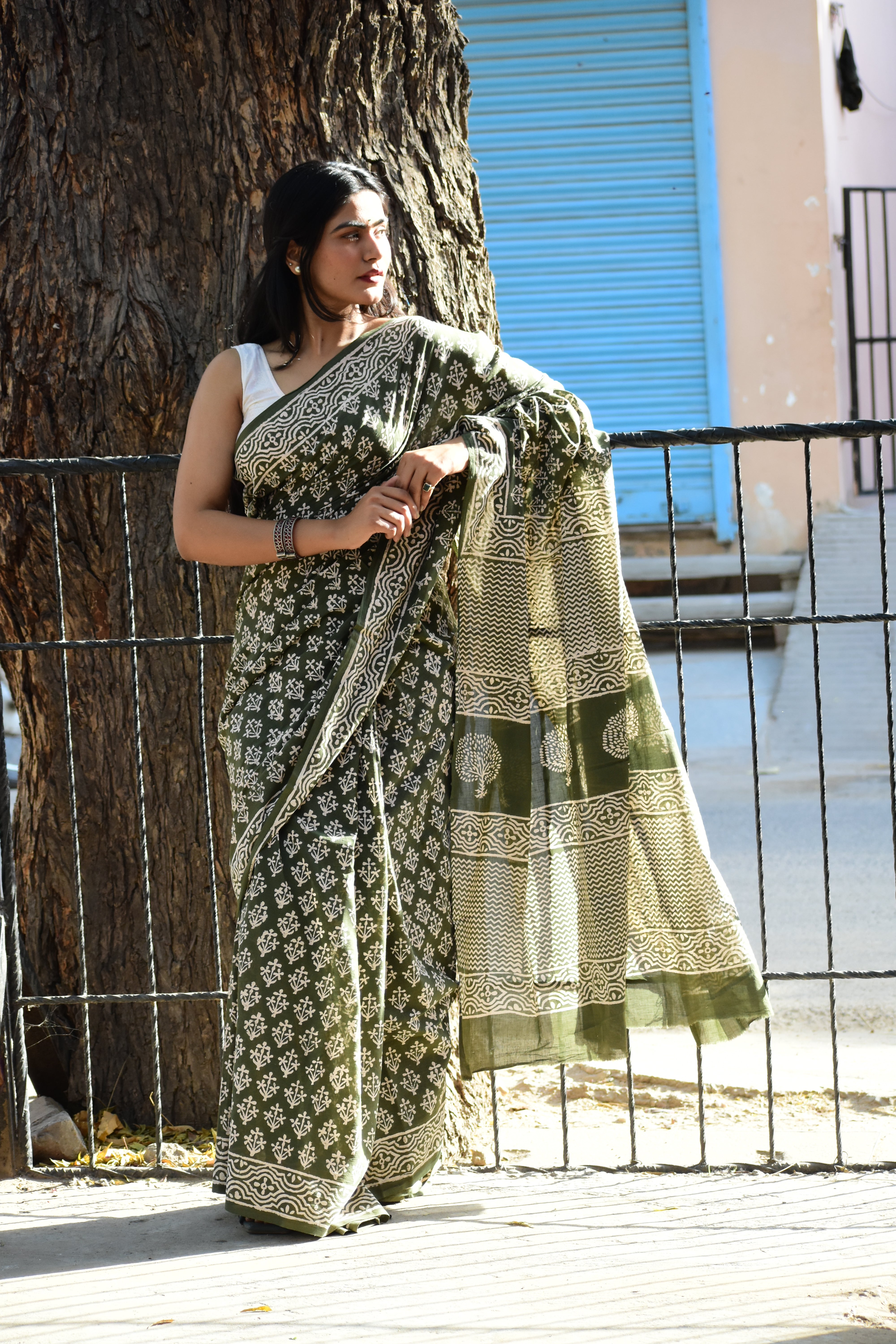 Moody Mama - Mulmul Cotton Block Printed Green Saree