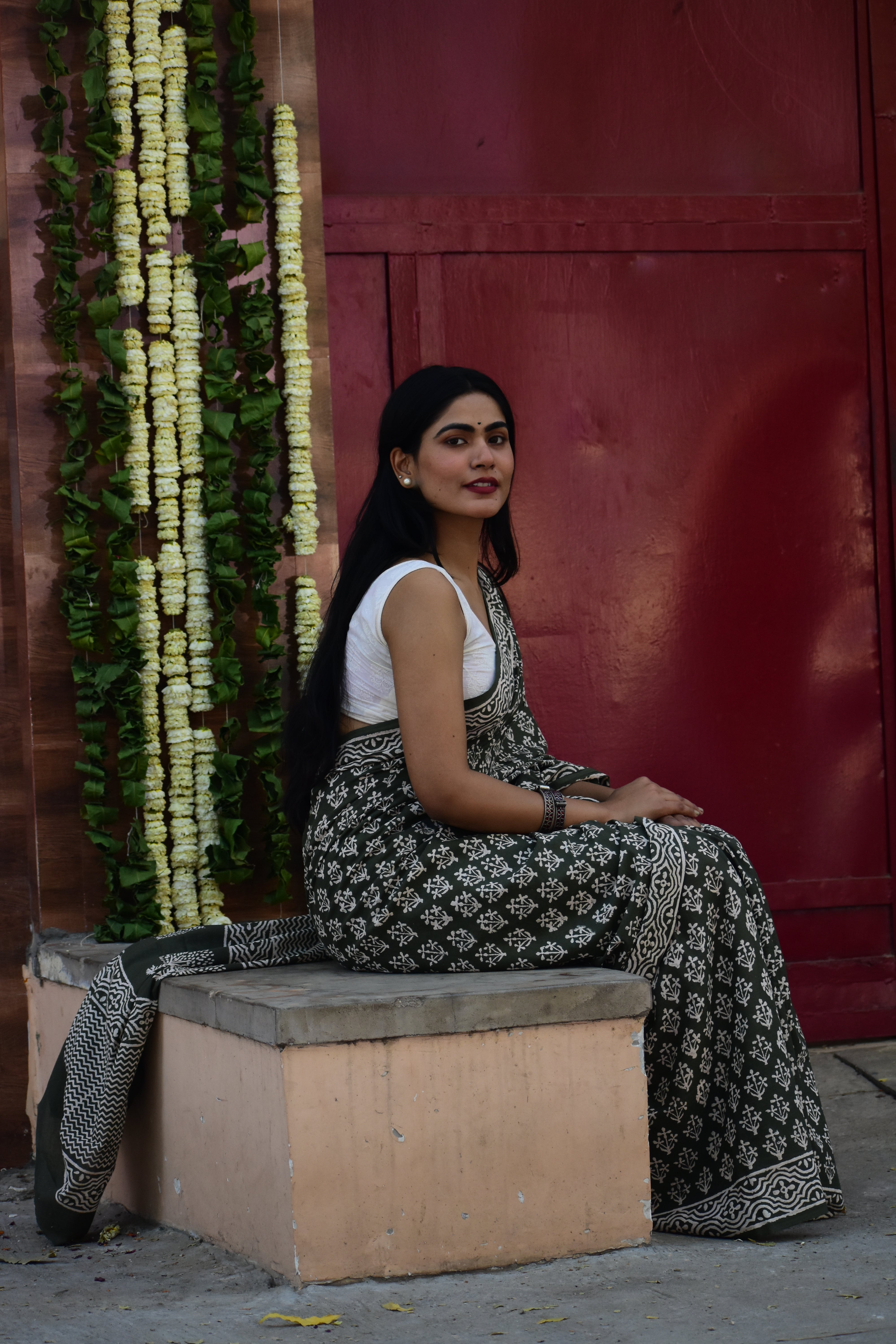 Moody Mama - Mulmul Cotton Block Printed Green Saree