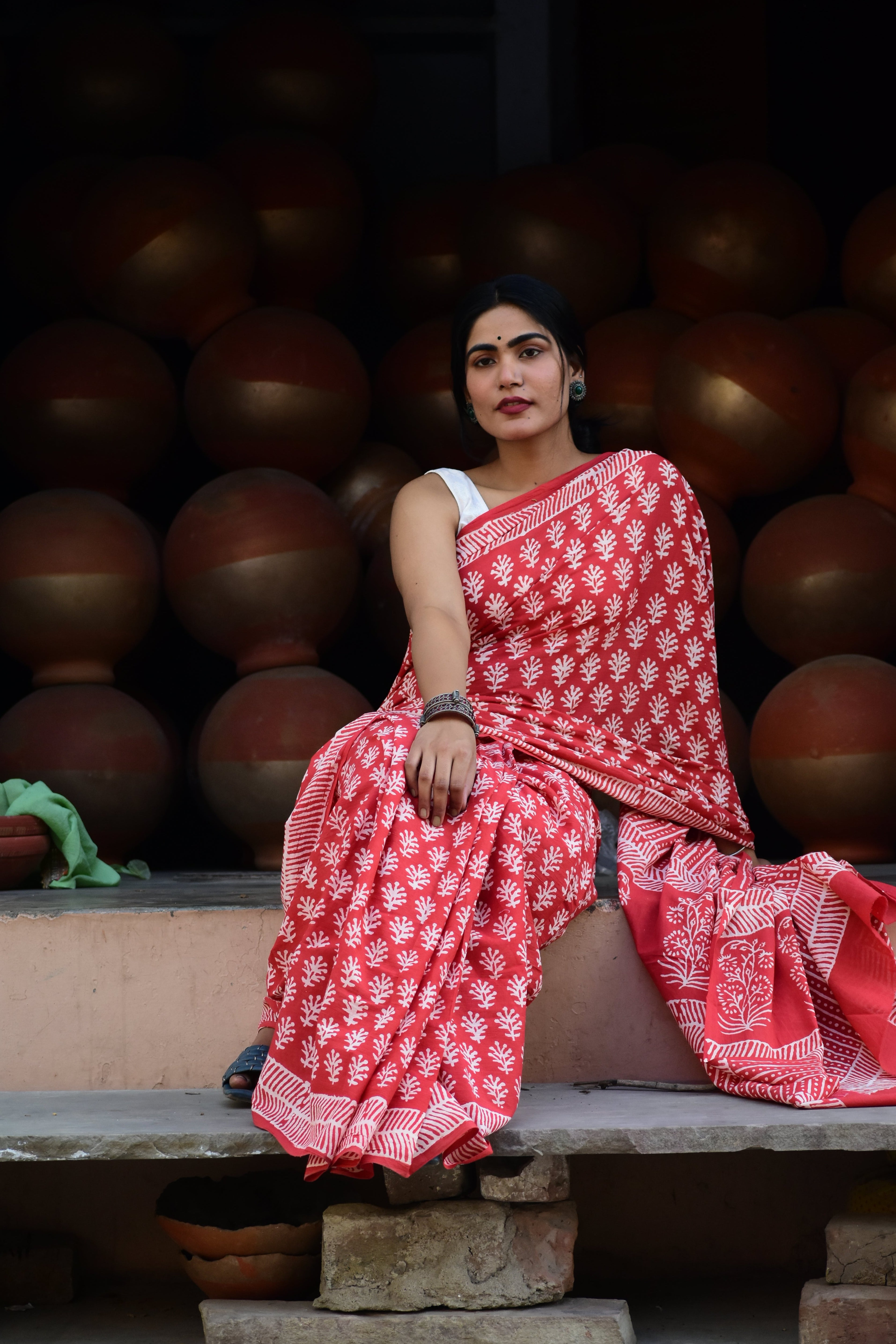 Eye-Candy  - Mulmul Cotton Block Printed Red Saree