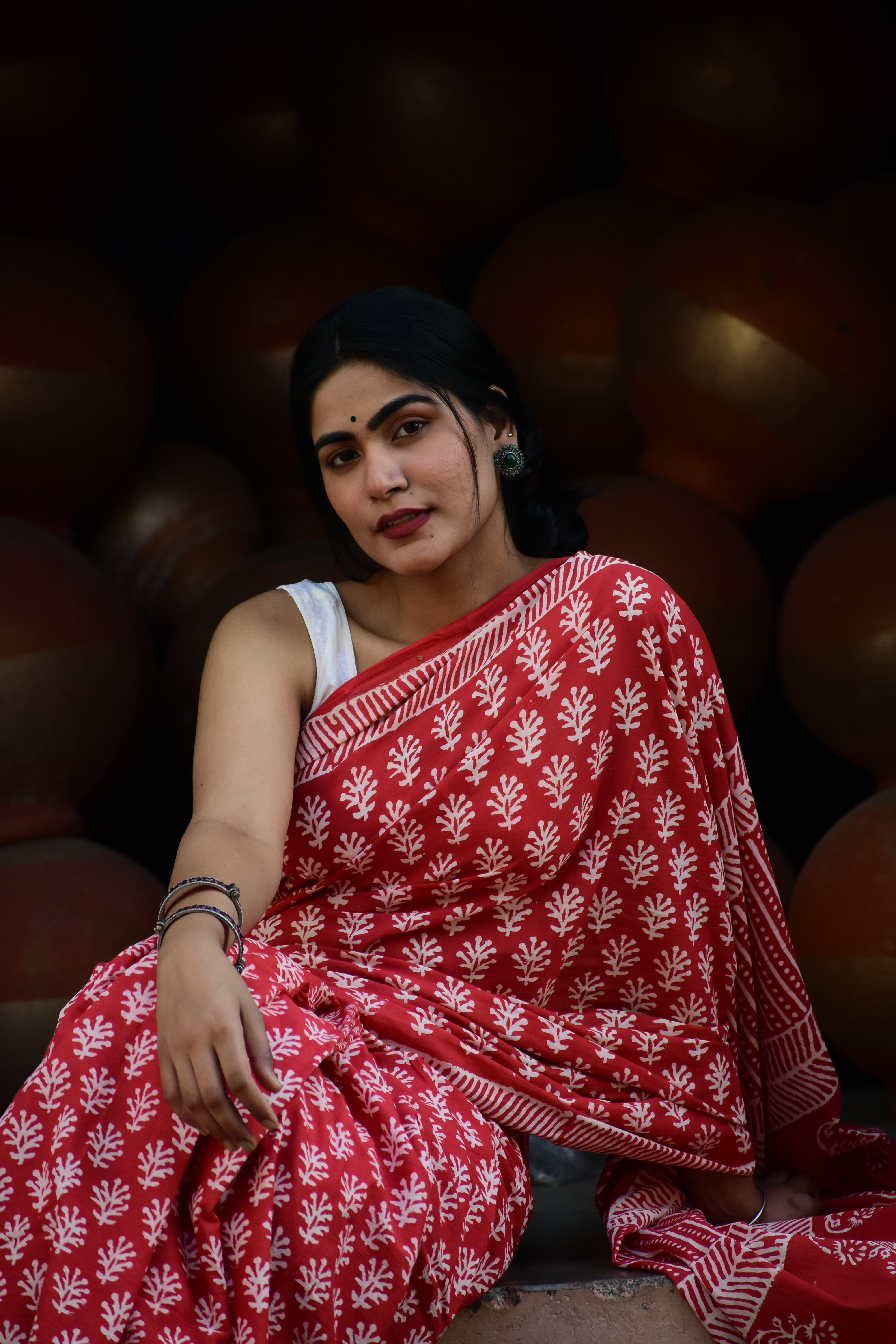 Eye-Candy  - Mulmul Cotton Block Printed Red Saree