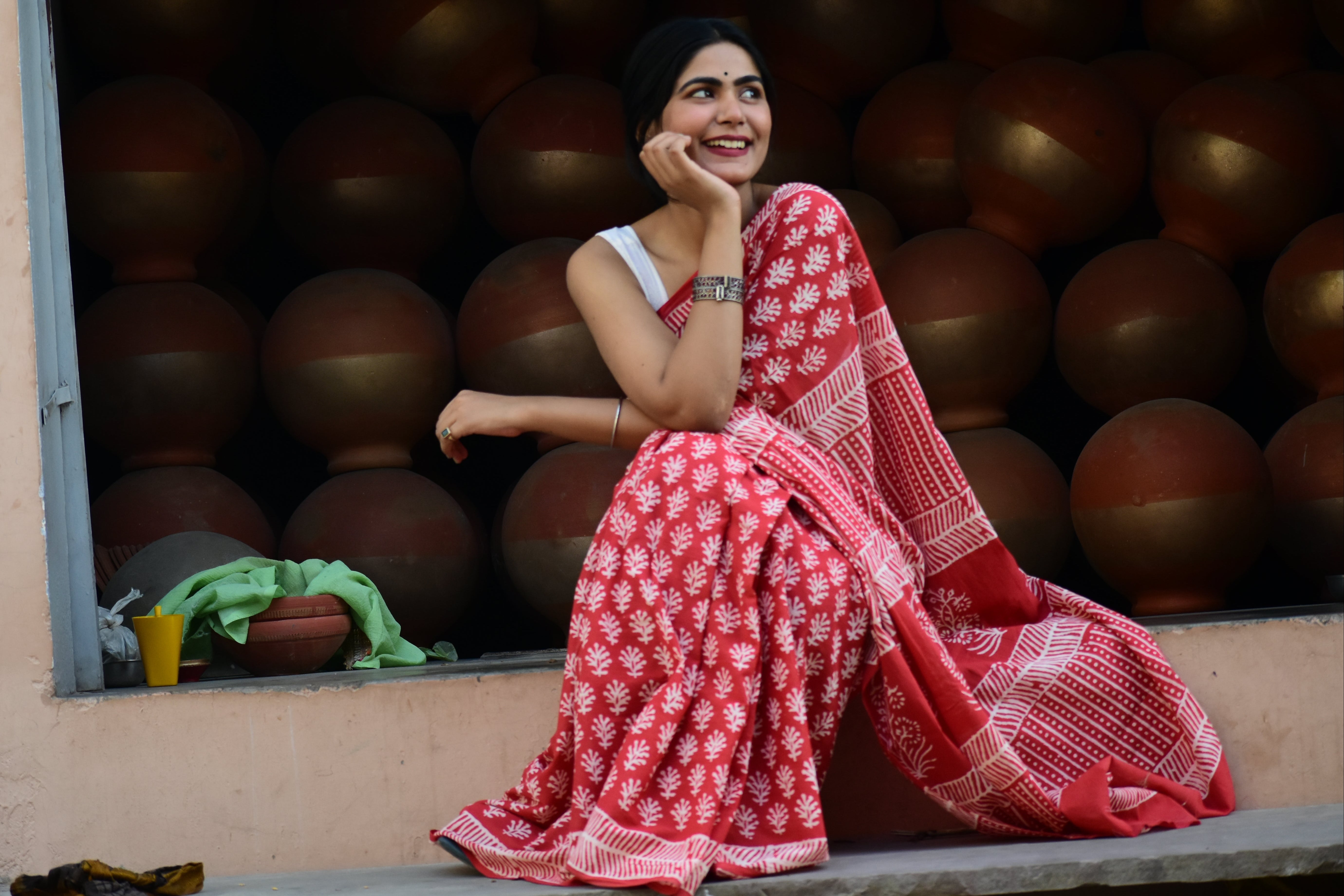 Eye-Candy  - Mulmul Cotton Block Printed Red Saree