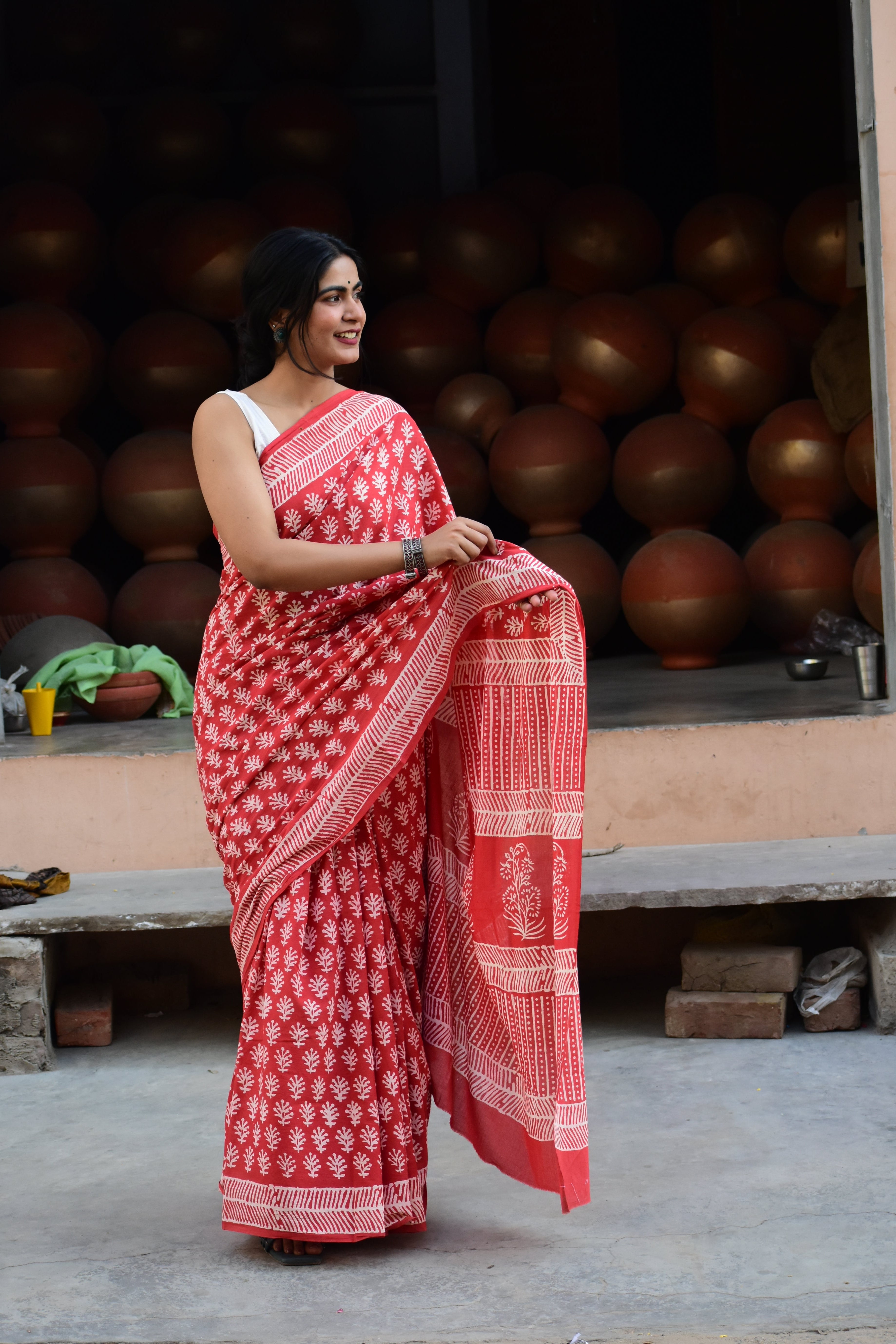 Eye-Candy  - Mulmul Cotton Block Printed Red Saree