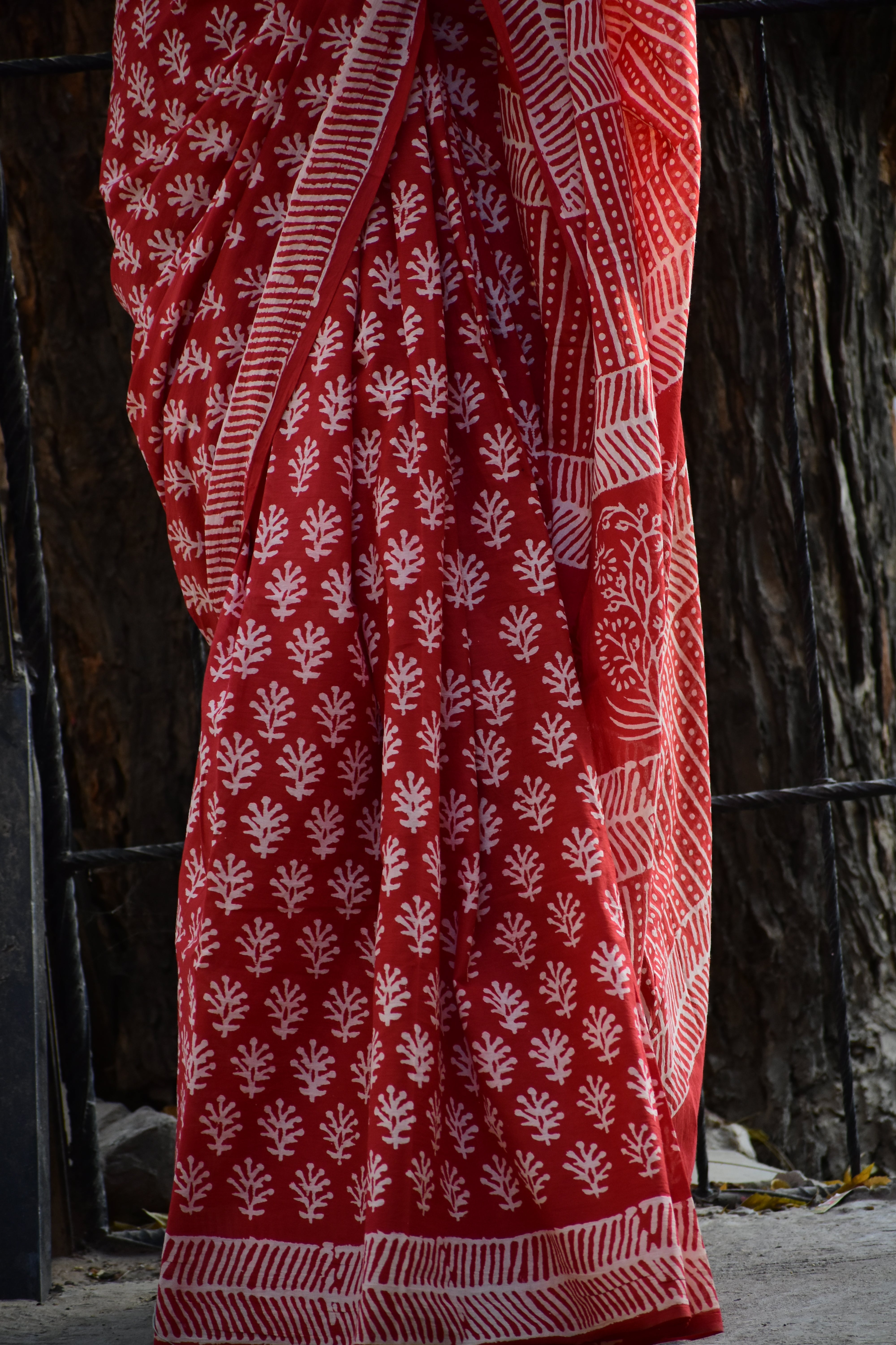 Eye-Candy  - Mulmul Cotton Block Printed Red Saree