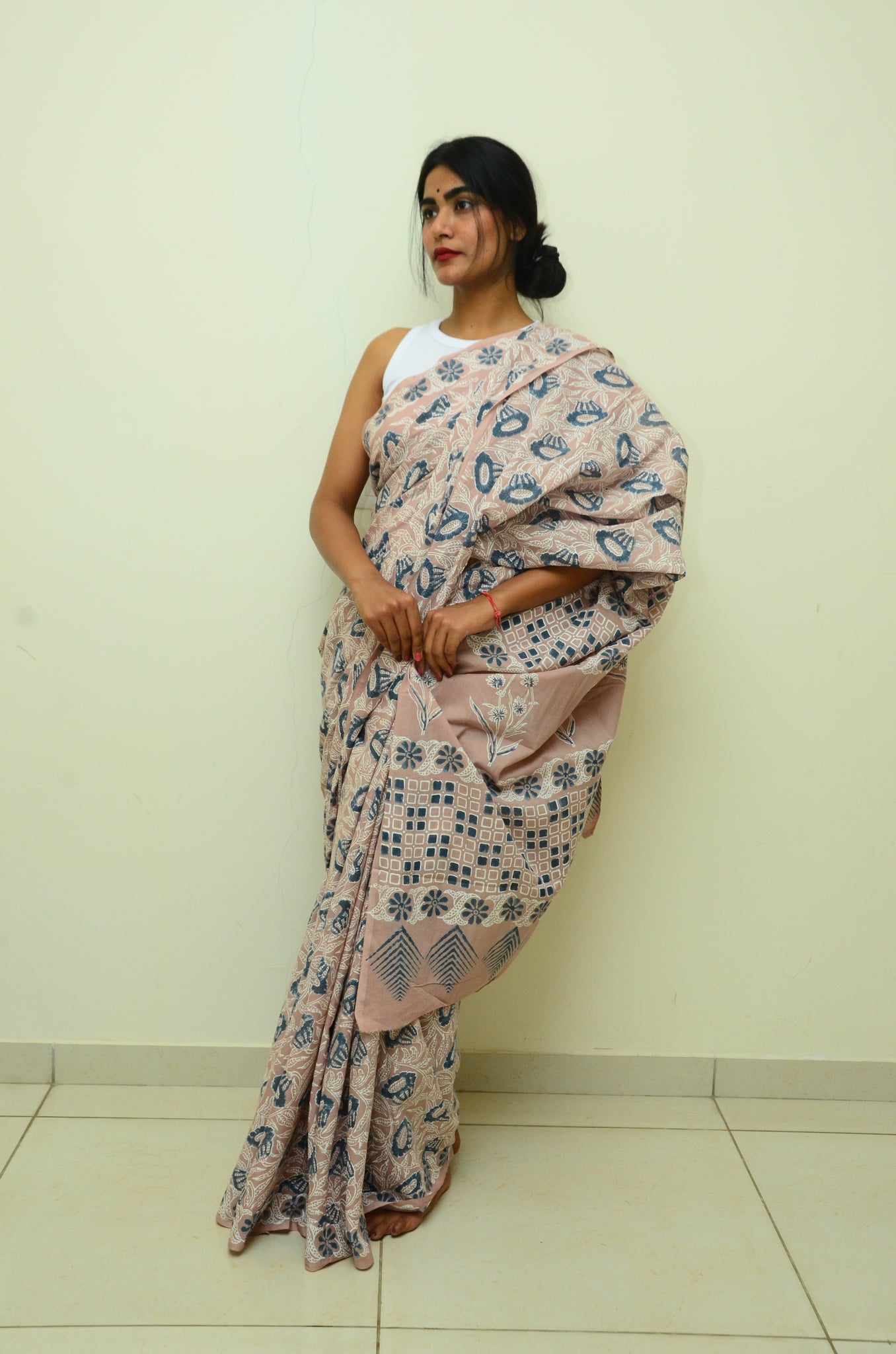 Splashes On The Beach - Handblock Print Natural Dyed - Mulmul Cotton Saree