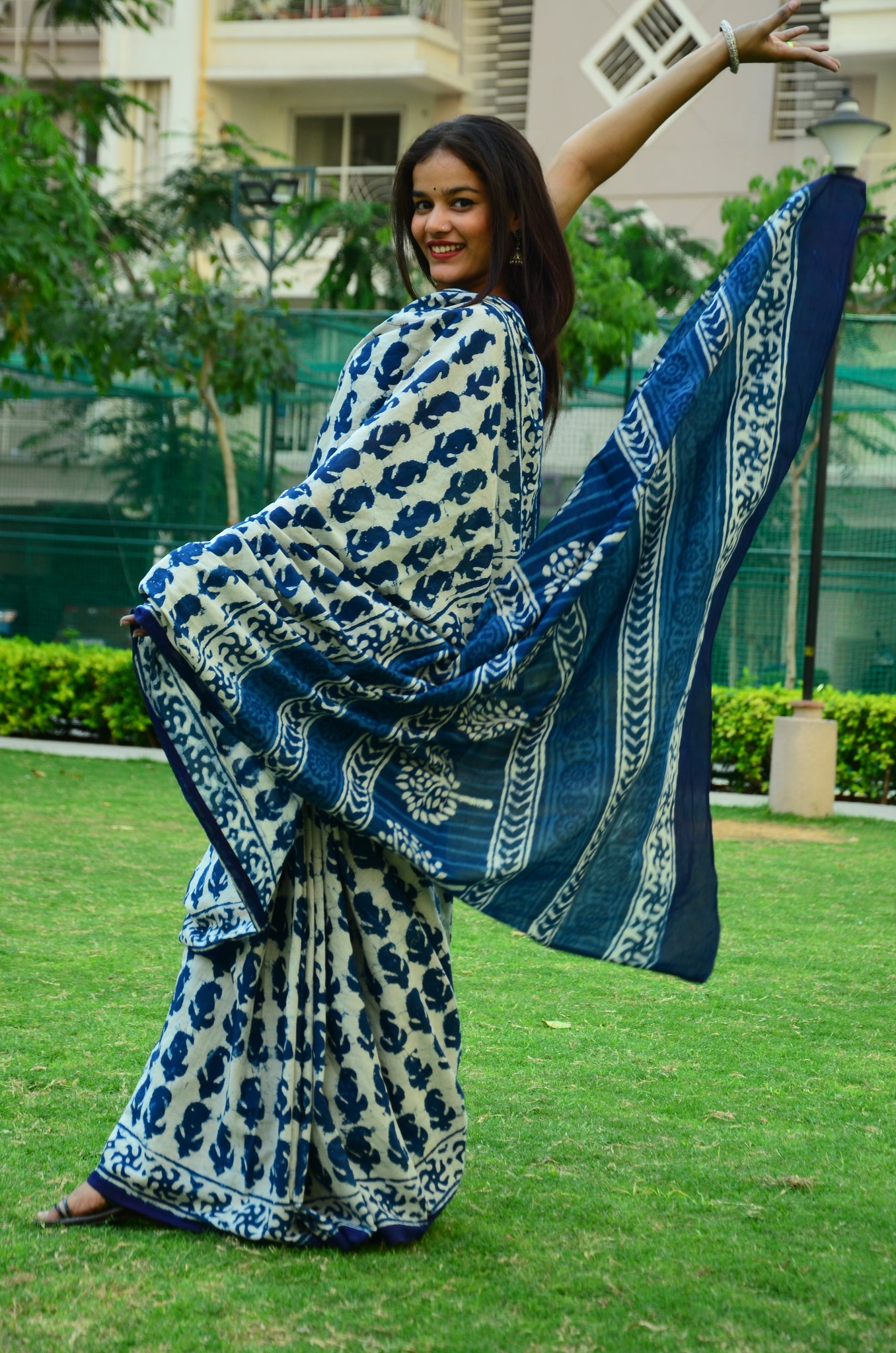 Inspired by Clouds - Indigo Collection - Cotton Mulmul Dabu Saree
