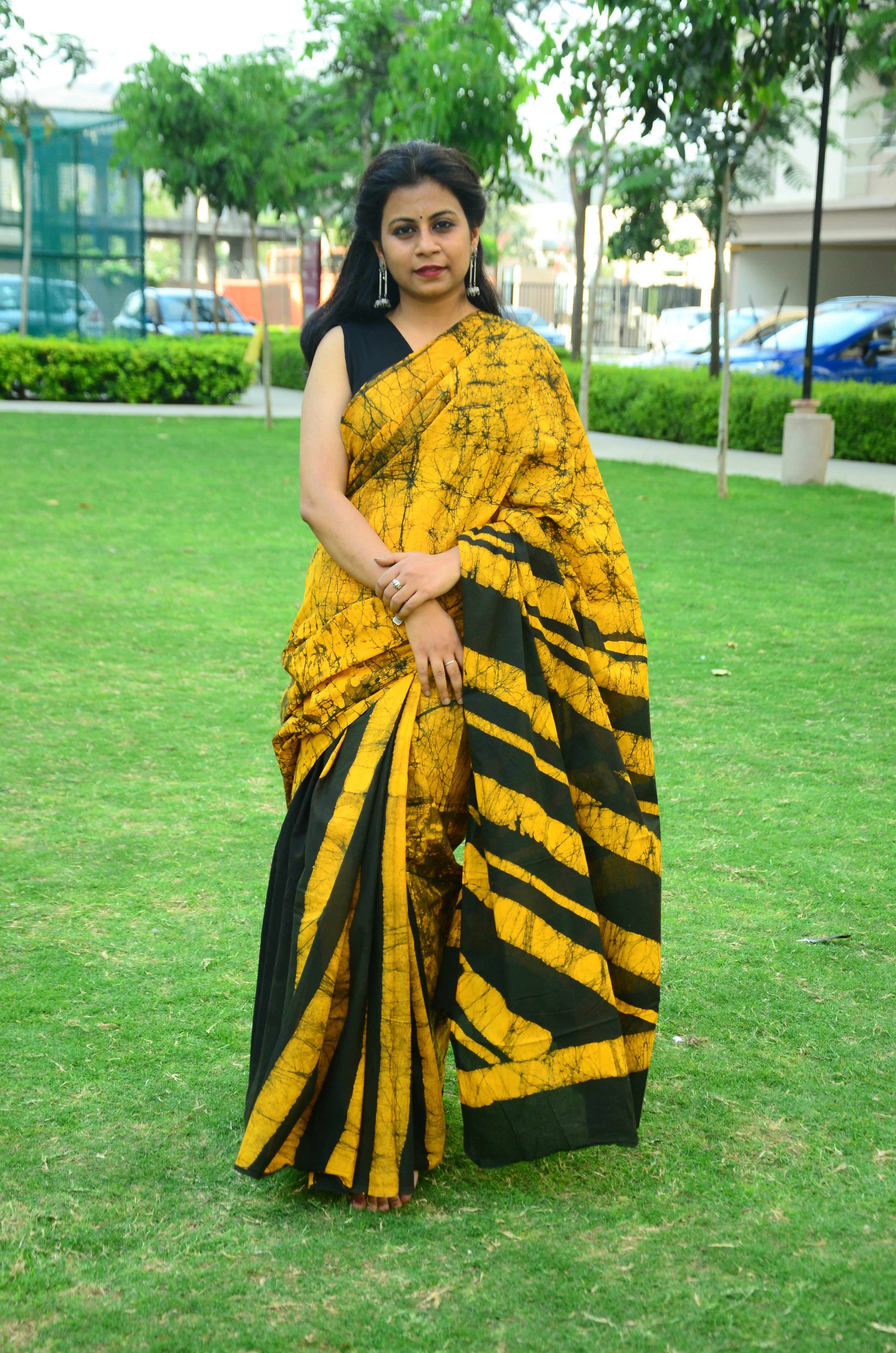 Sand Dunes - Yellow Batik Cotton Mulmul Handblock Saree