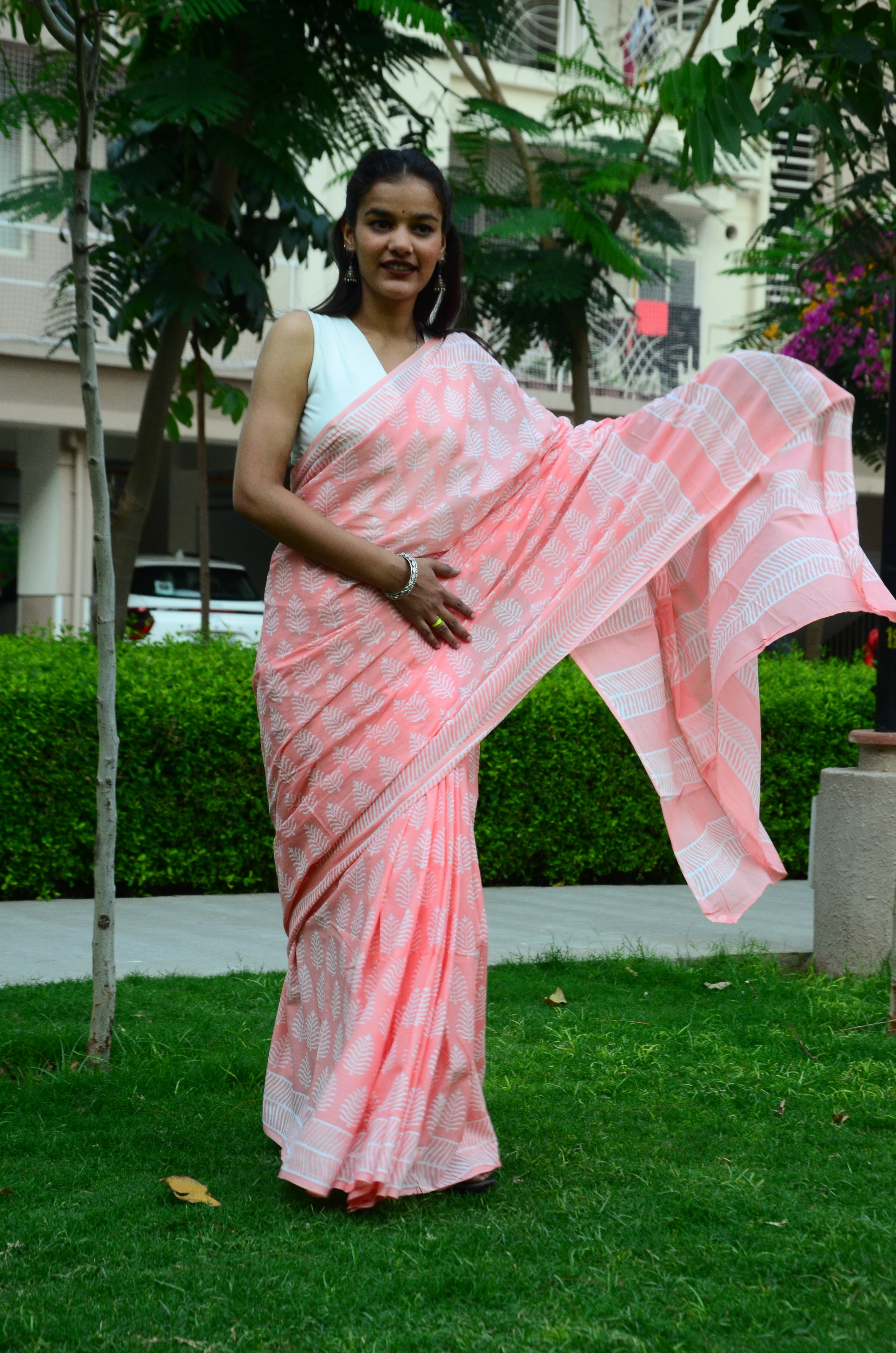 Summer Vacation Collection - Peachy Affair- Handblock Print Natural Dyed - Mulmul Cotton Saree