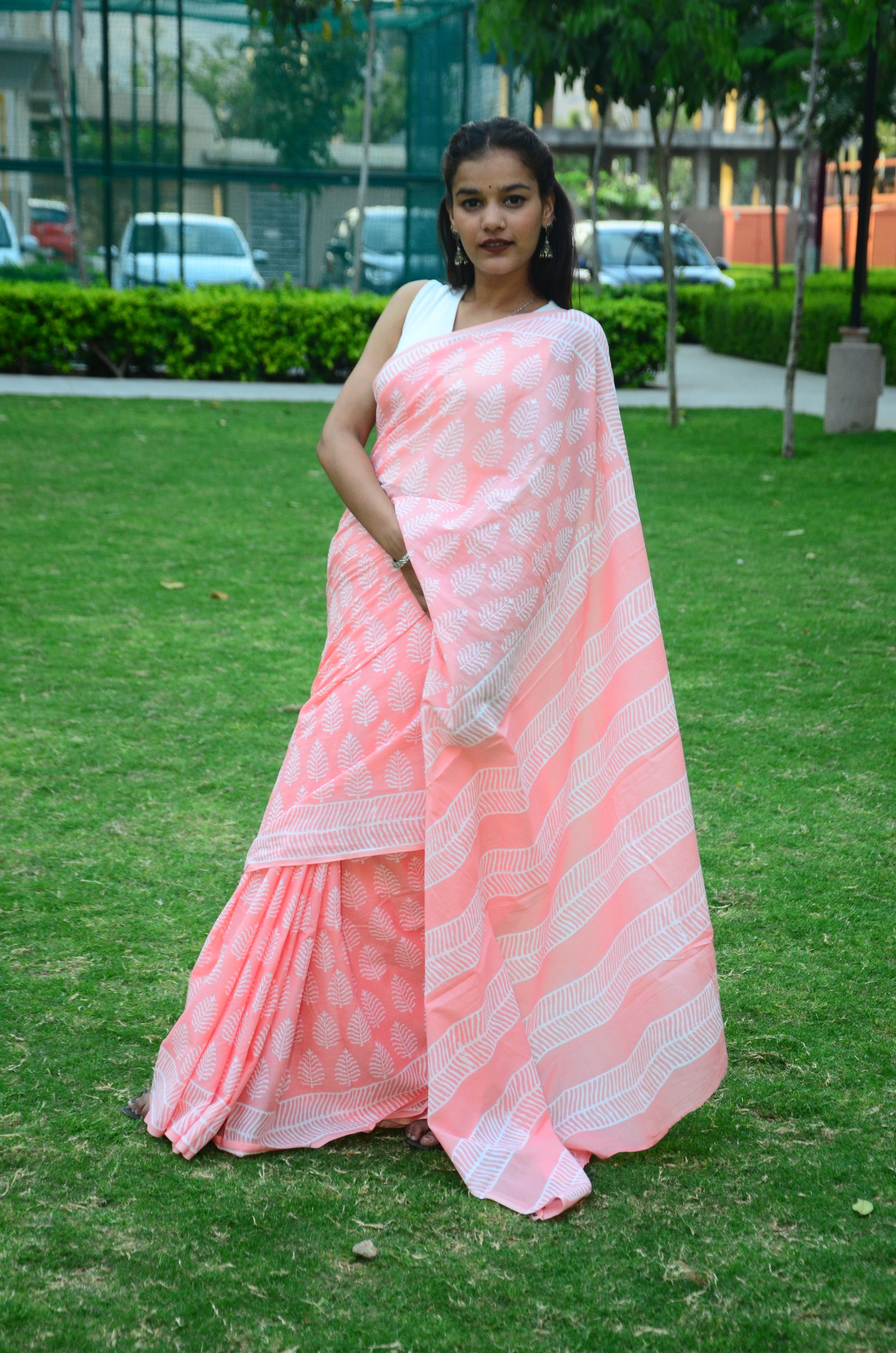 Summer Vacation Collection - Peachy Affair- Handblock Print Natural Dyed - Mulmul Cotton Saree
